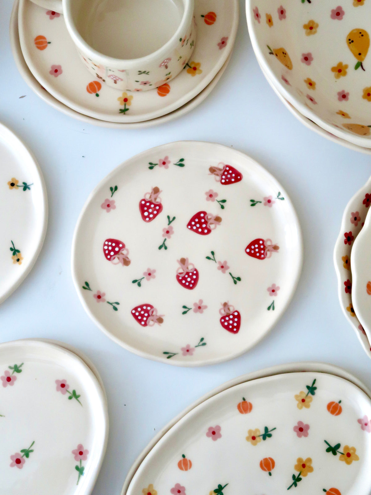 Breakfast/Dessert plate with mushrooms and pink flowers