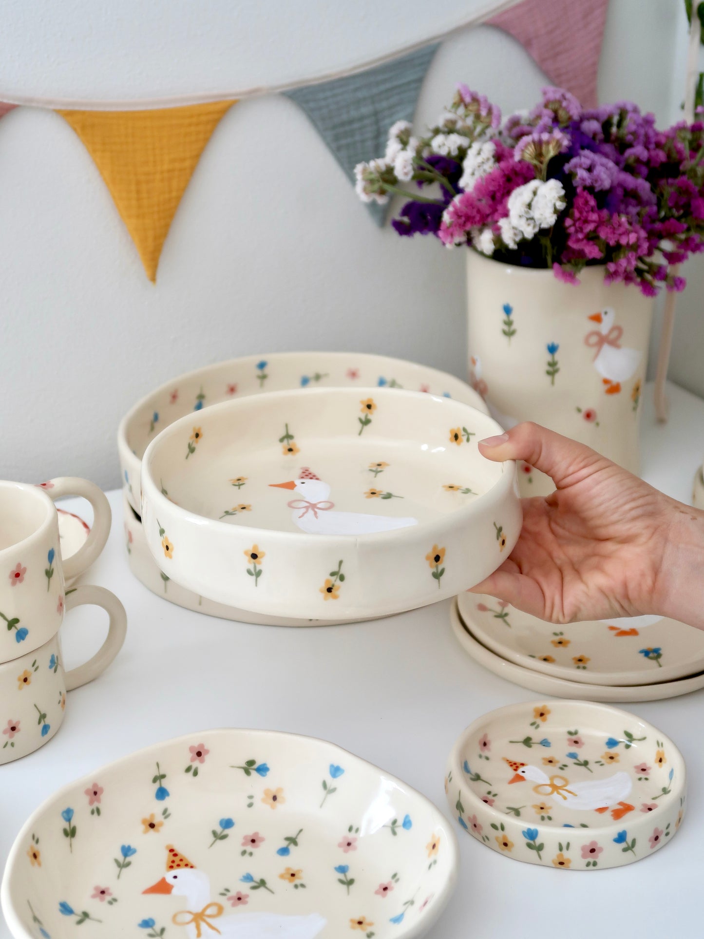 Bowl with a duck and yellow flowers - medium size
