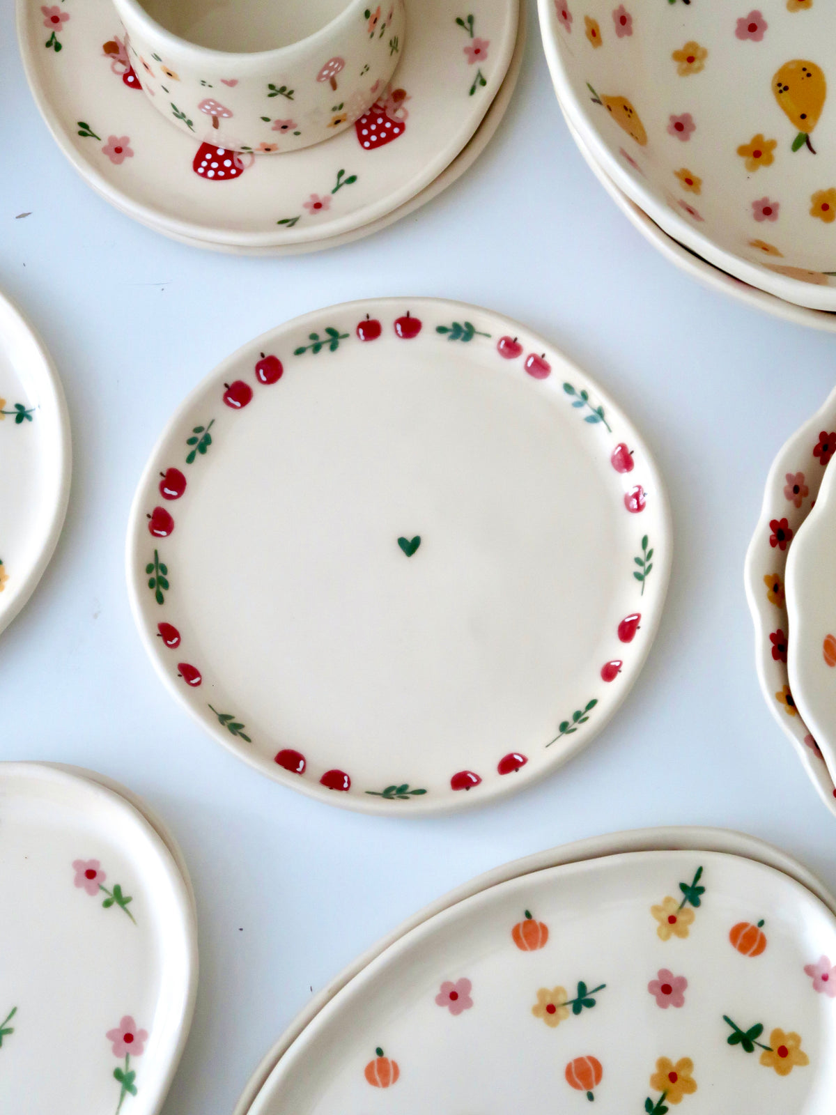 Breakfast/Dessert plate with an apple and green flowers
