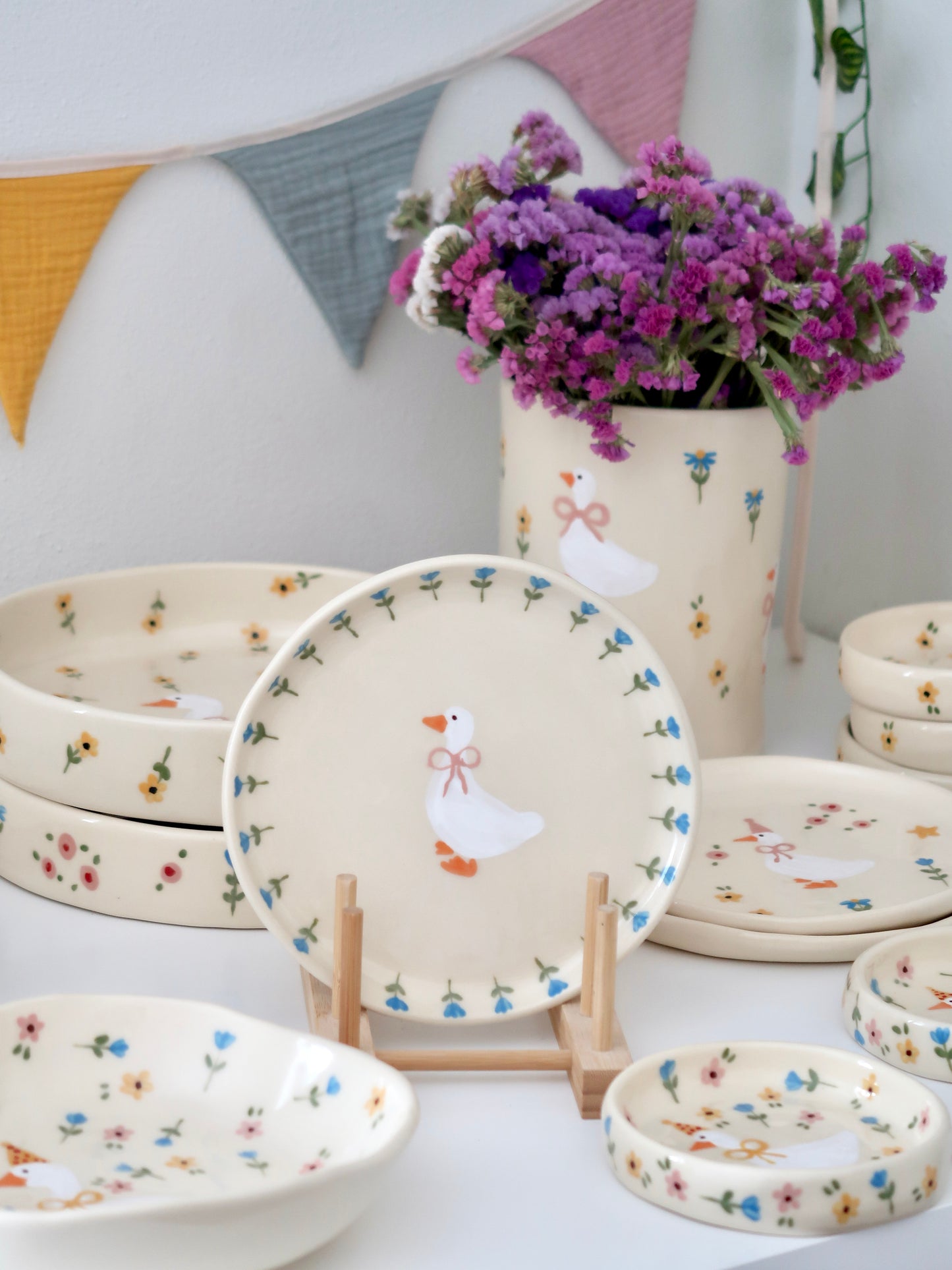 Breakfast/dessert plate with a duck and blue flowers