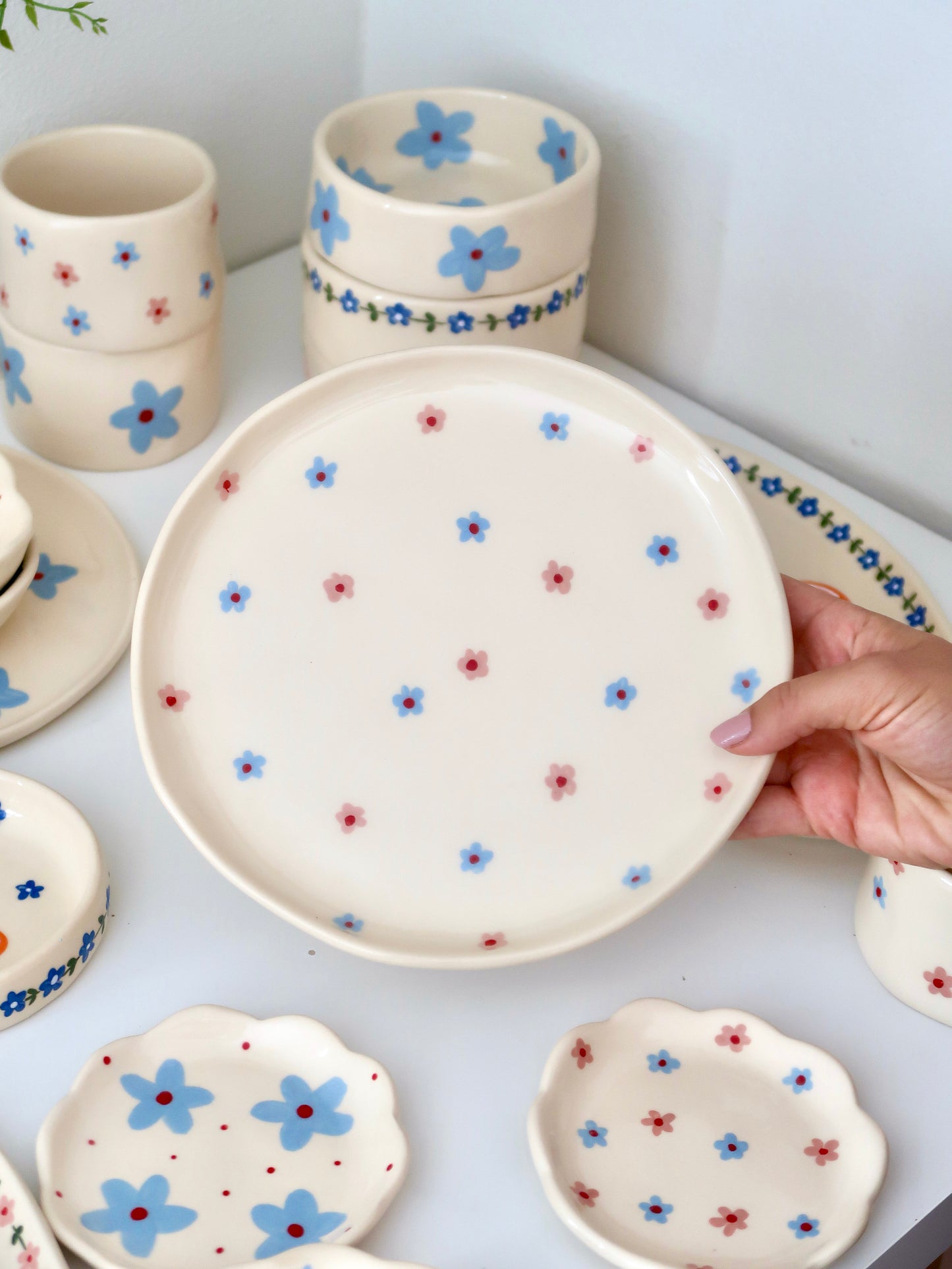Plate with pink and blue flowers