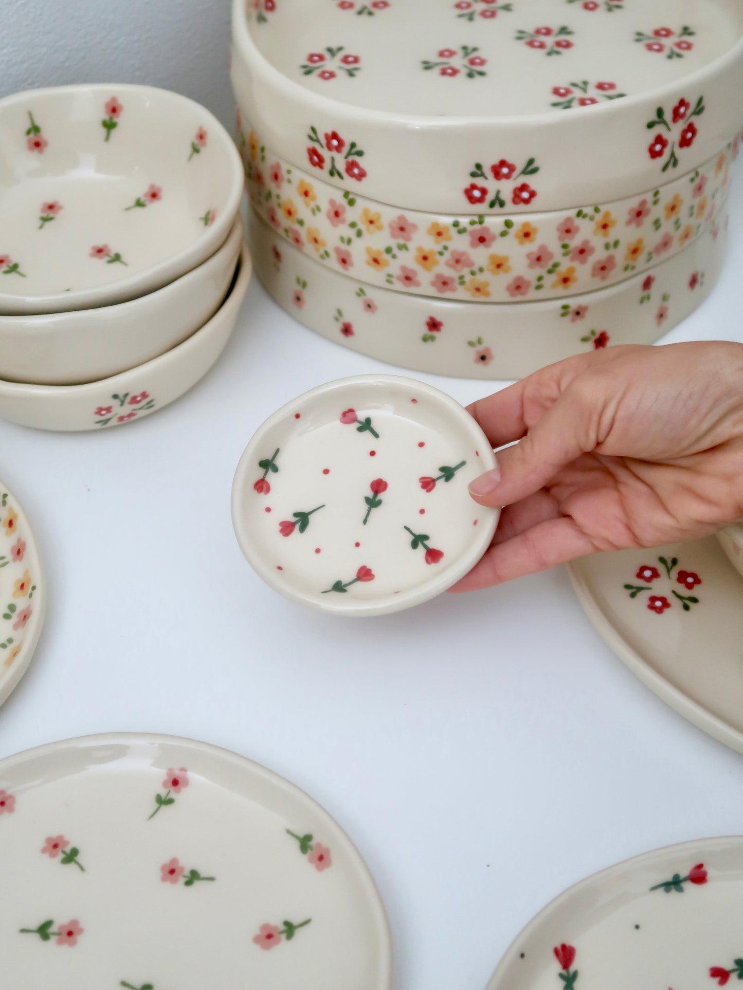 Ring dish with red flowers and red dots