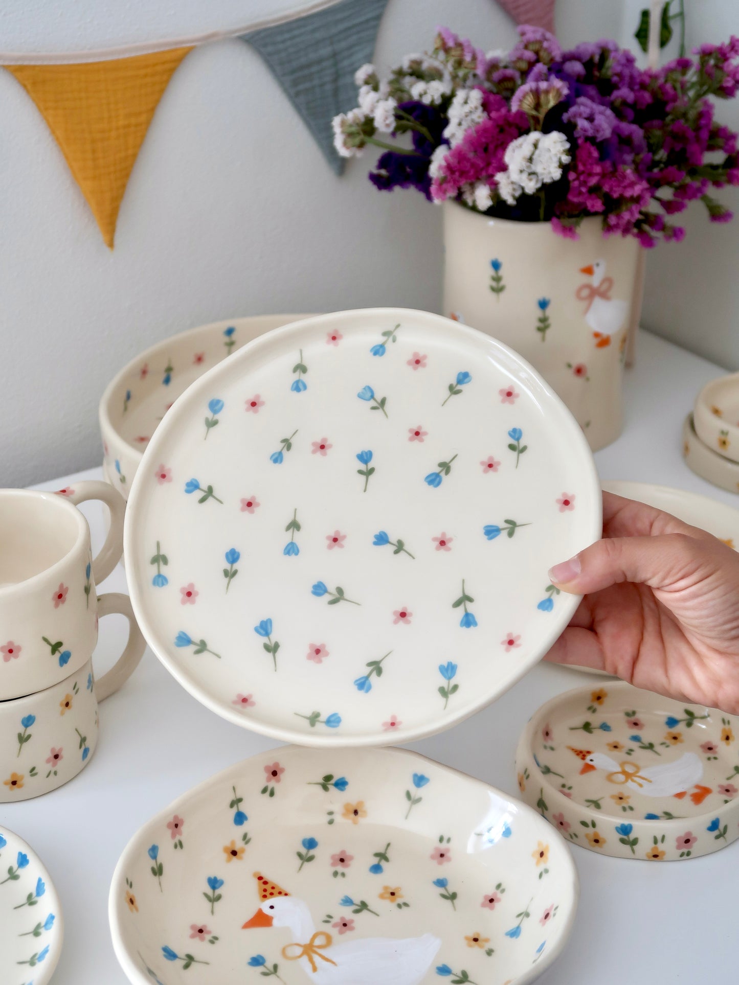 Plate with blue and pink flowers