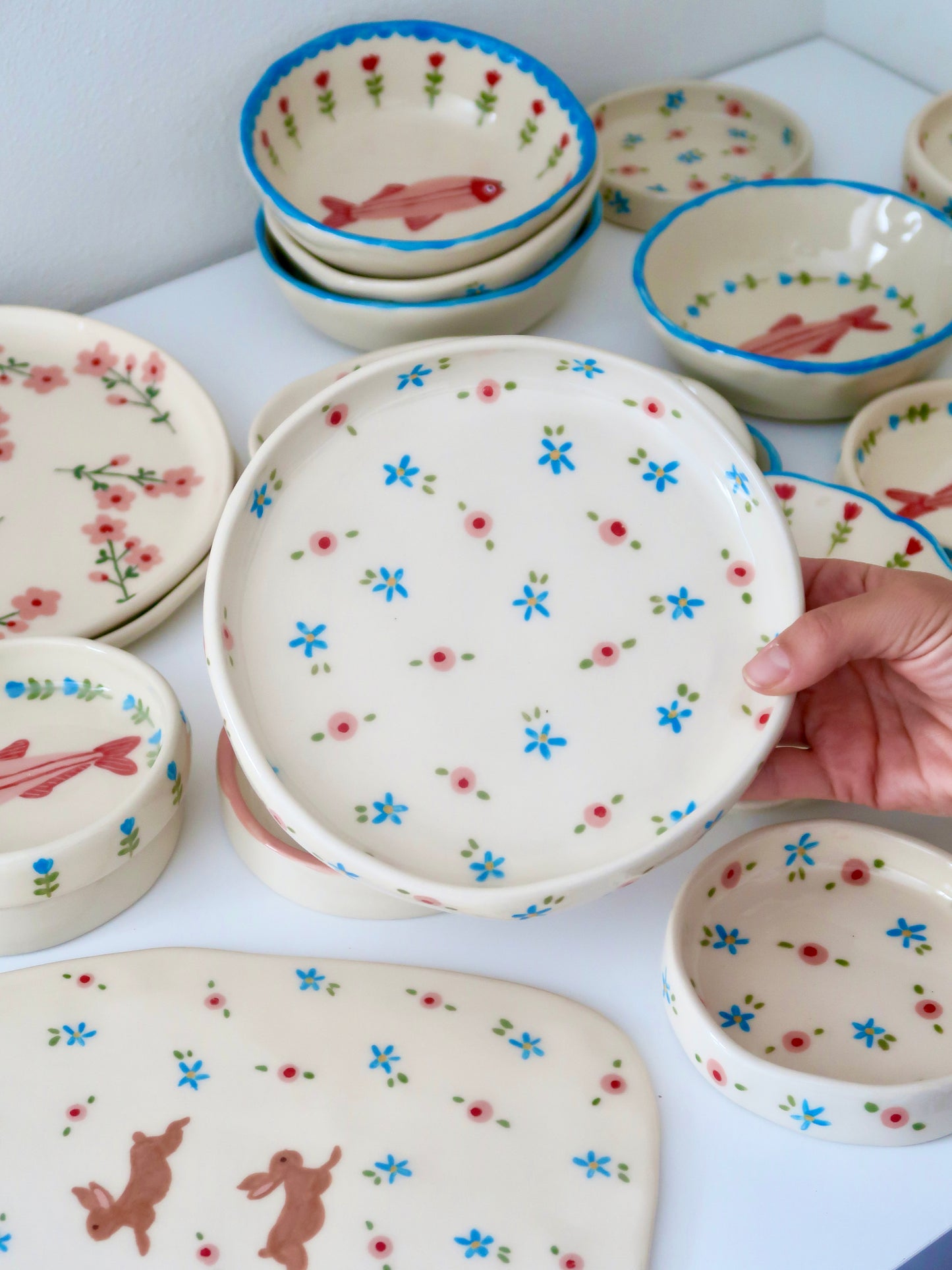 High edge plate with pink and blue flowers