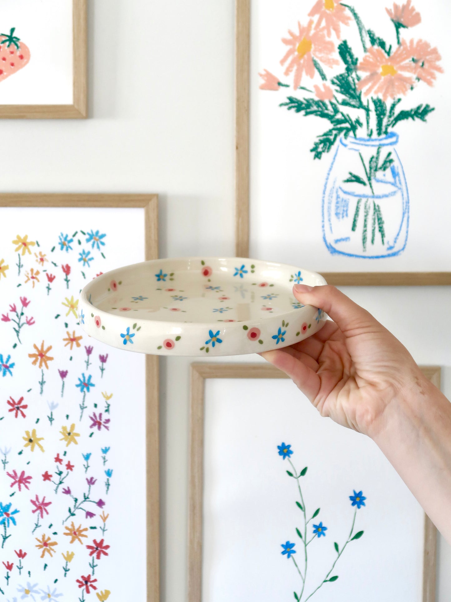 High edge plate with pink and blue flowers