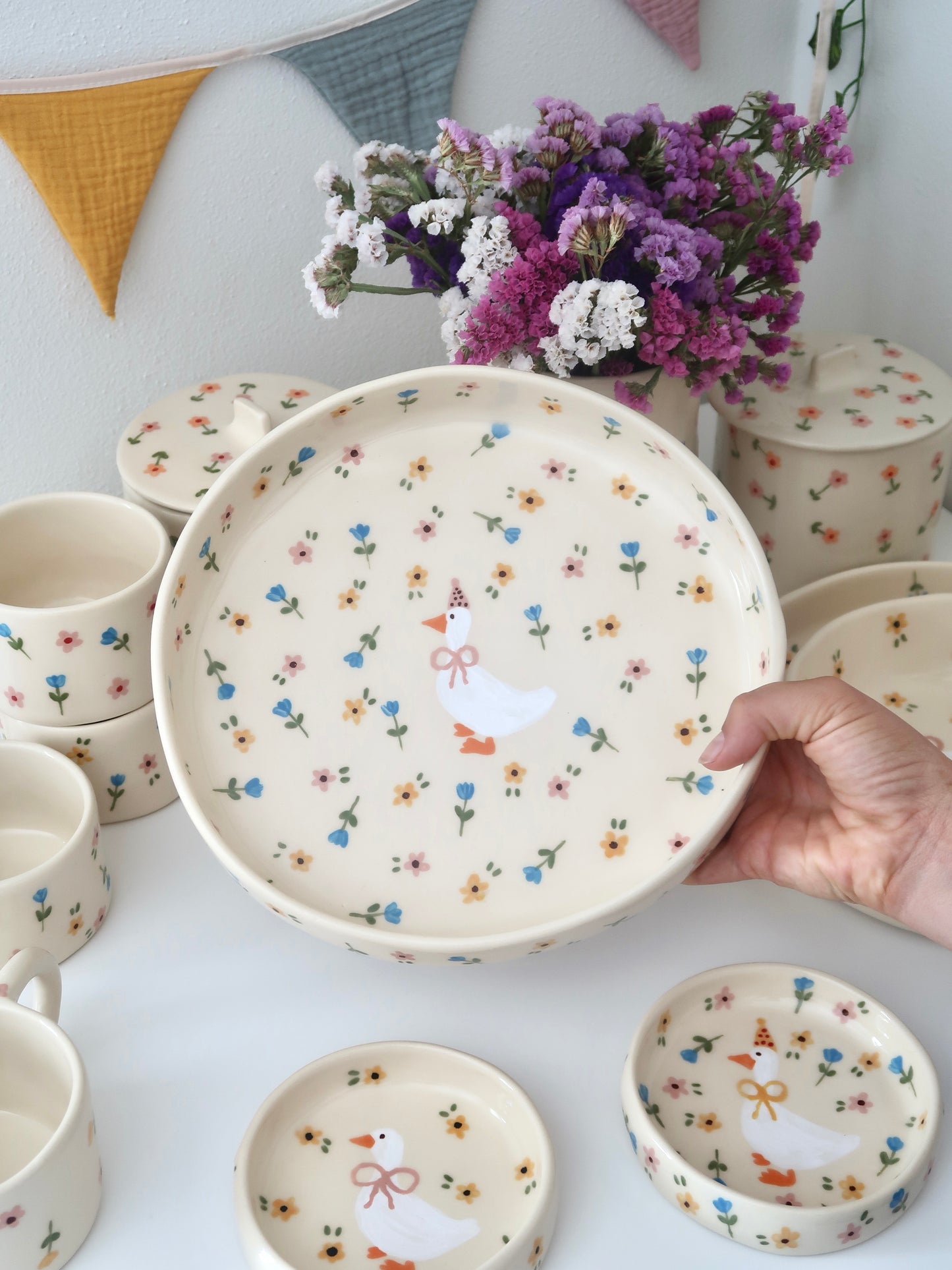 Bowl with a duck and multicolor flowers - big size
