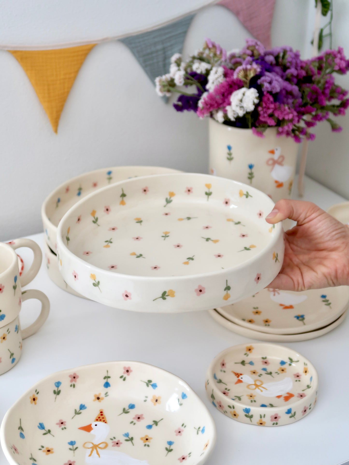 Bowl with pink and yellow flowers - big size