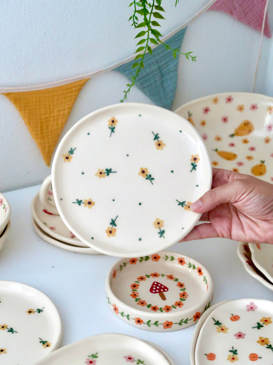 Breakfast/Dessert plate with yellow flowers and green dots