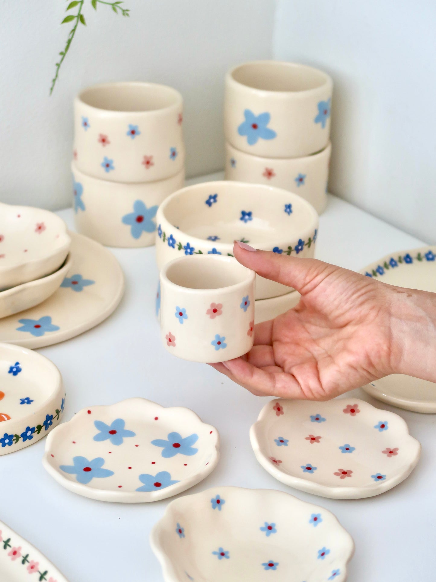 Coffee set with pink and blue flowers
