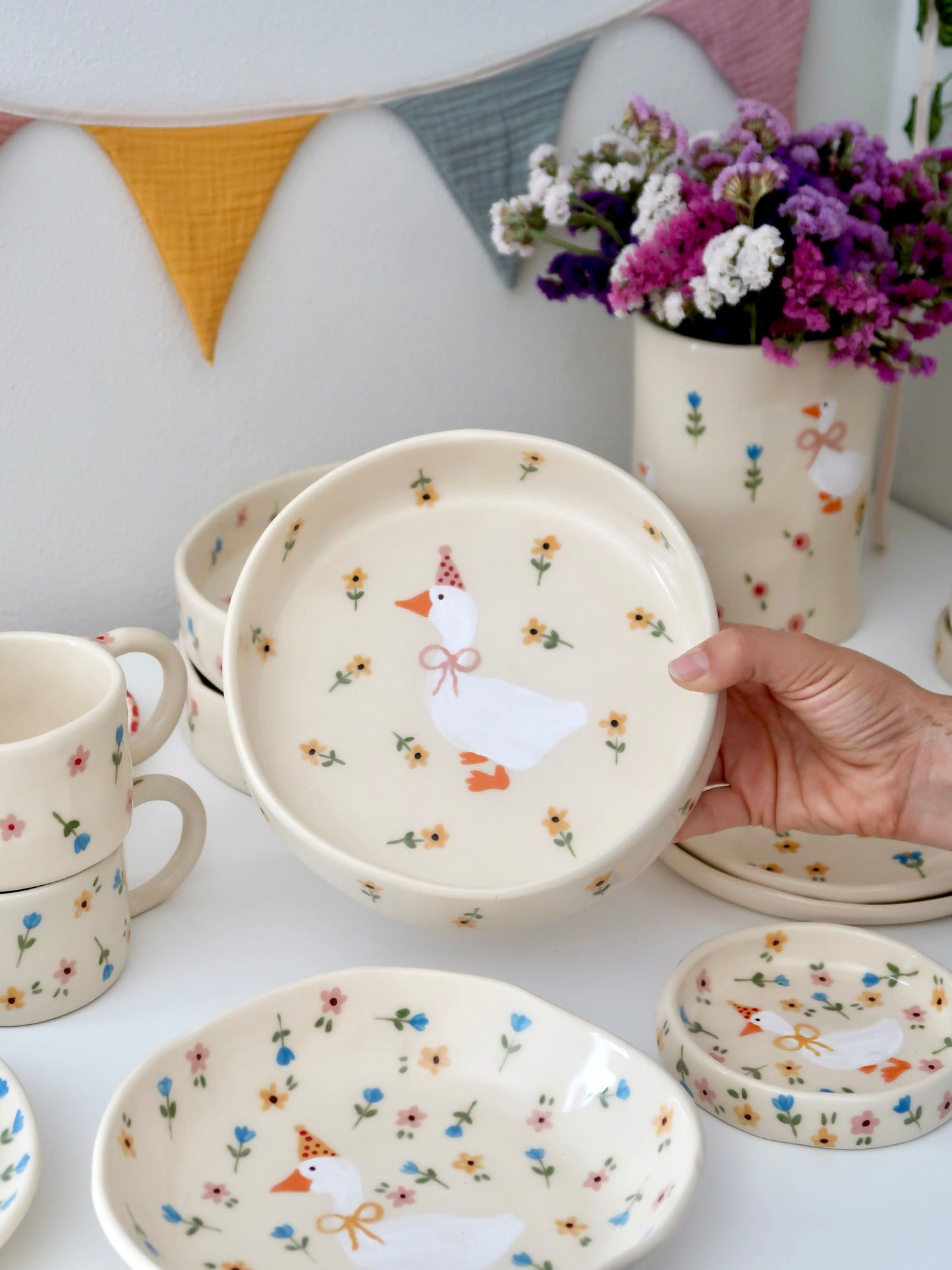 Bowl with a duck and yellow flowers - medium size