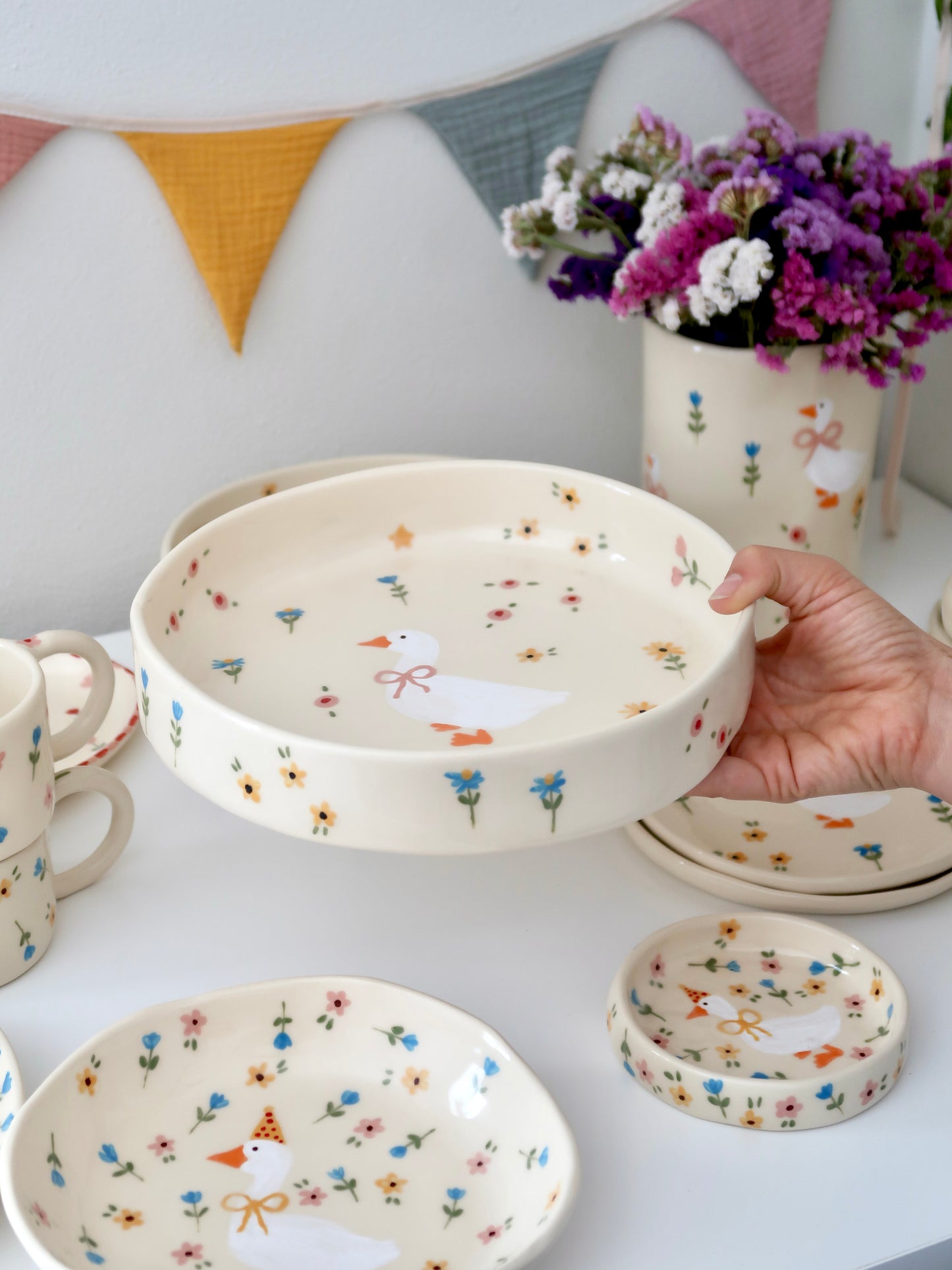 Bowl with a duck and multicolor flowers - big size
