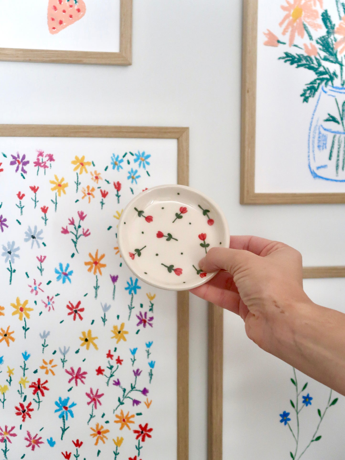 Ring dish with red flowers and green dots
