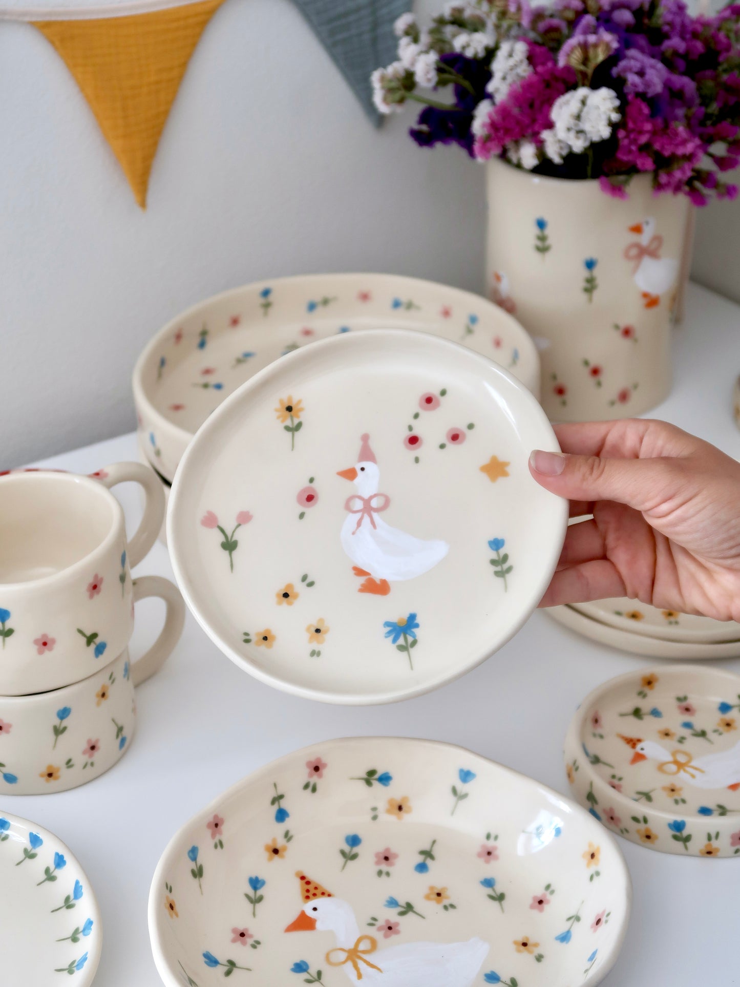 Breakfast/dessert plate with a duck and multicolor flowers