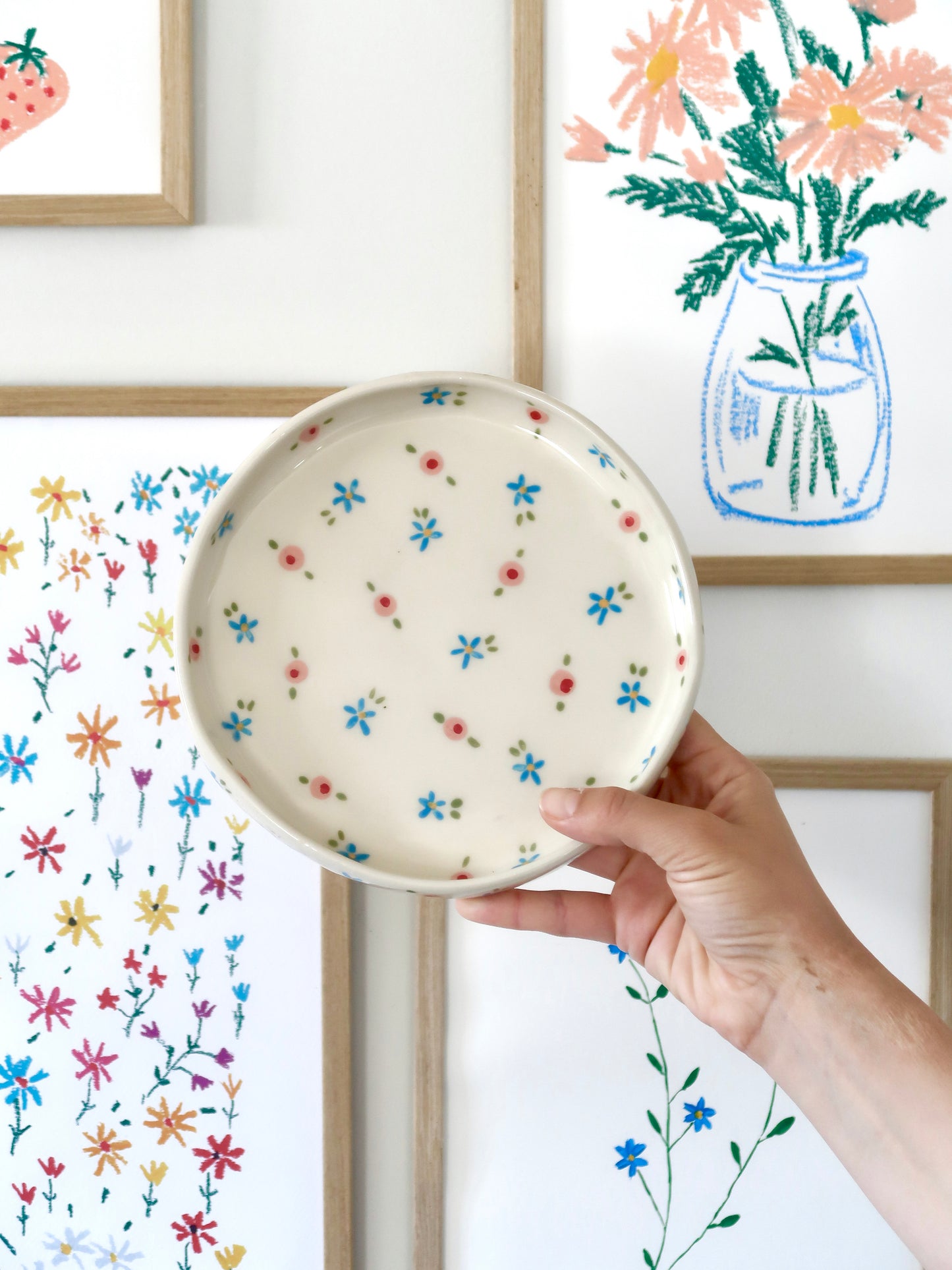 High edge plate with pink and blue flowers