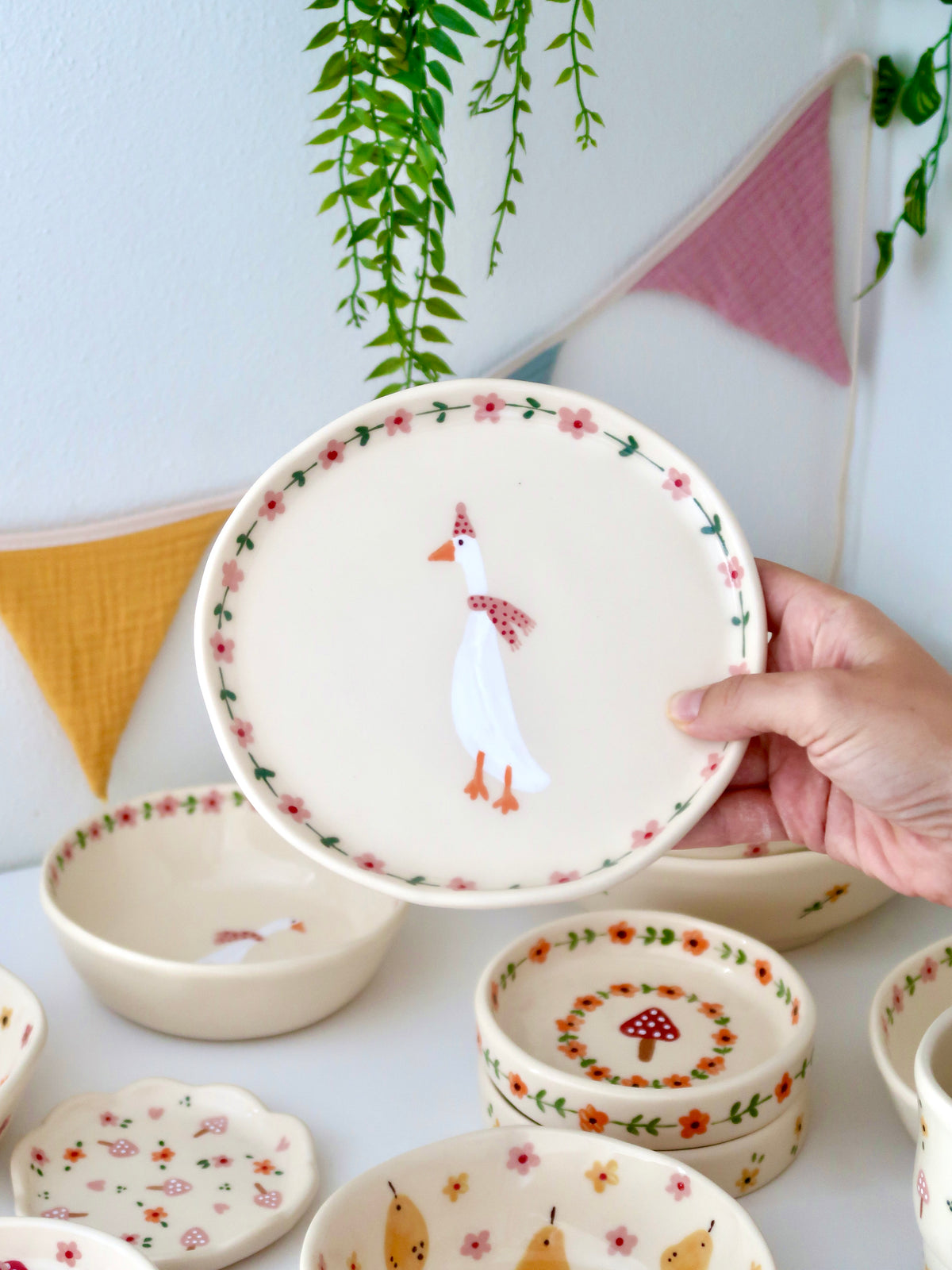 Breakfast/Dessert plate with a duck and pink flowers
