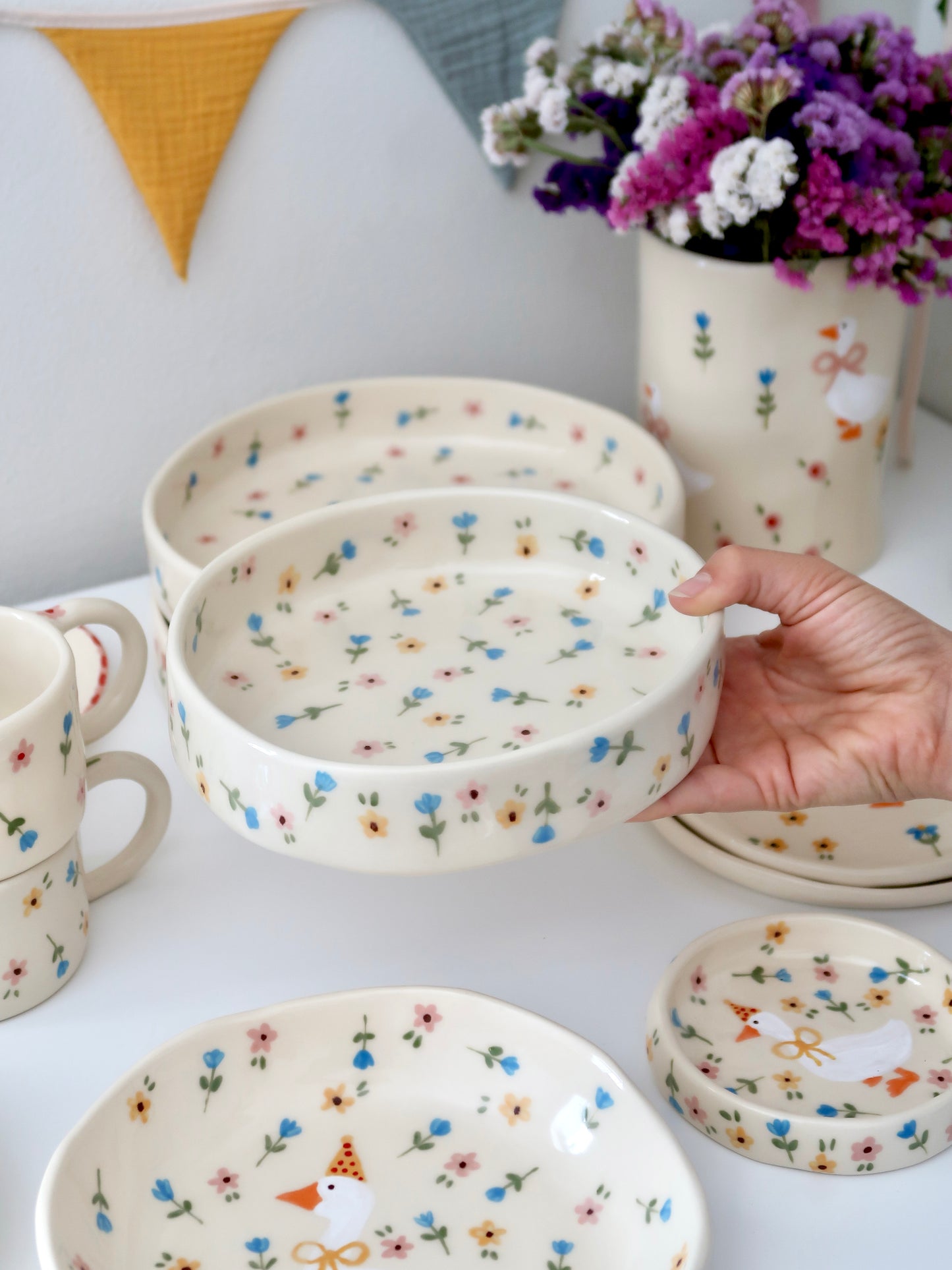 Bowl with yellow, blue and pink flowers - medium size