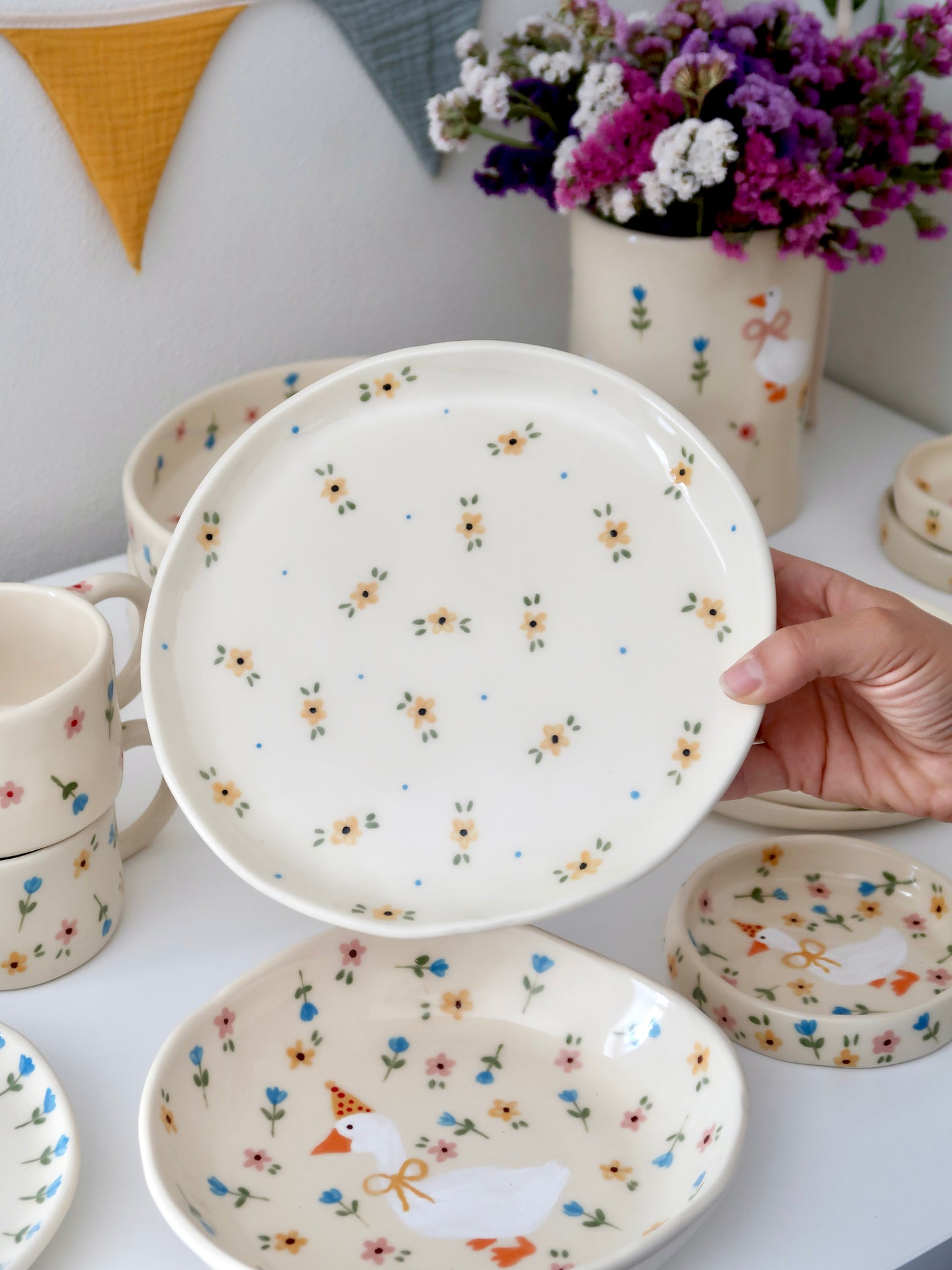 Plate with yellow flowers and blue dots