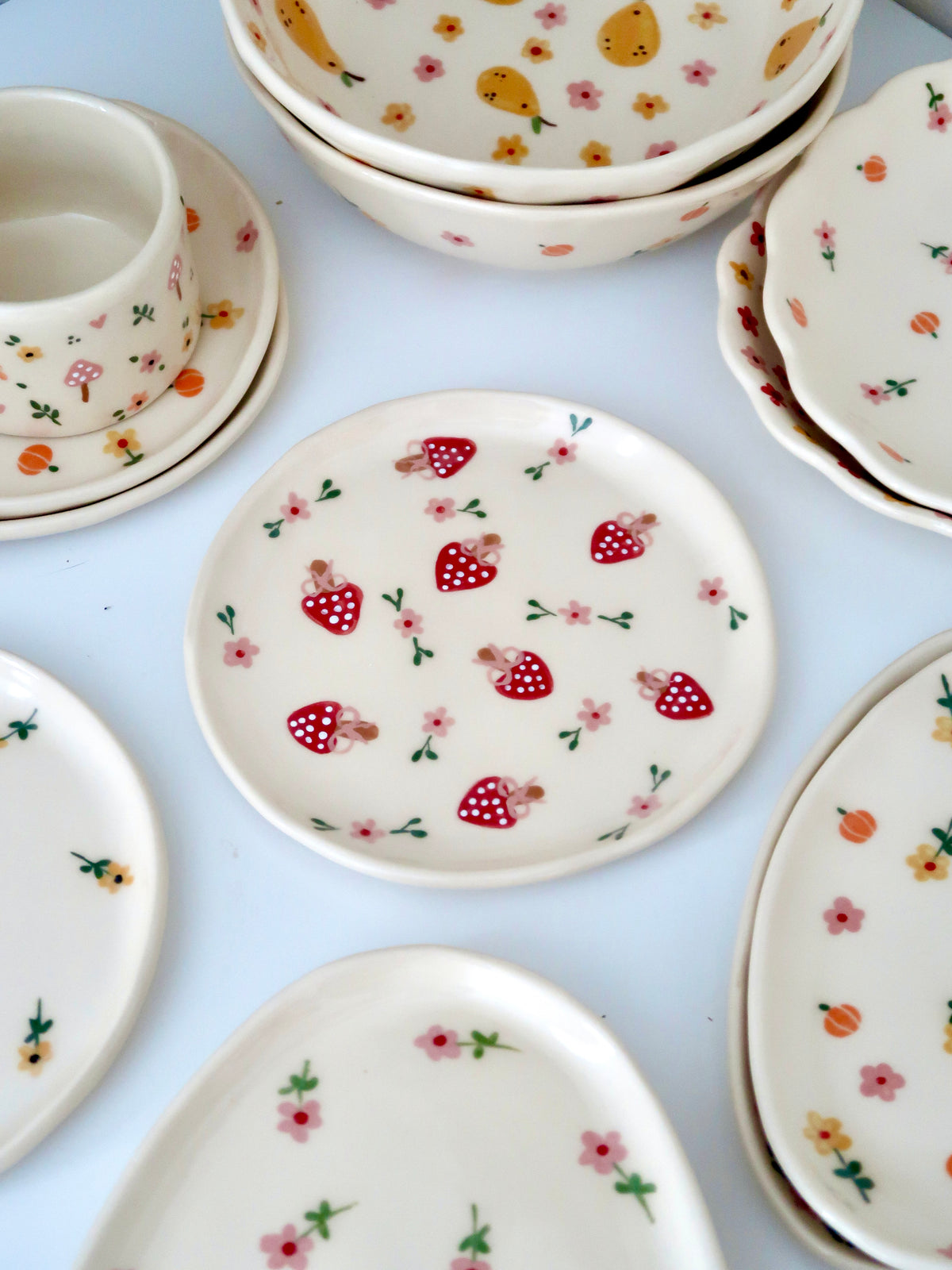 Breakfast/Dessert plate with mushrooms and pink flowers