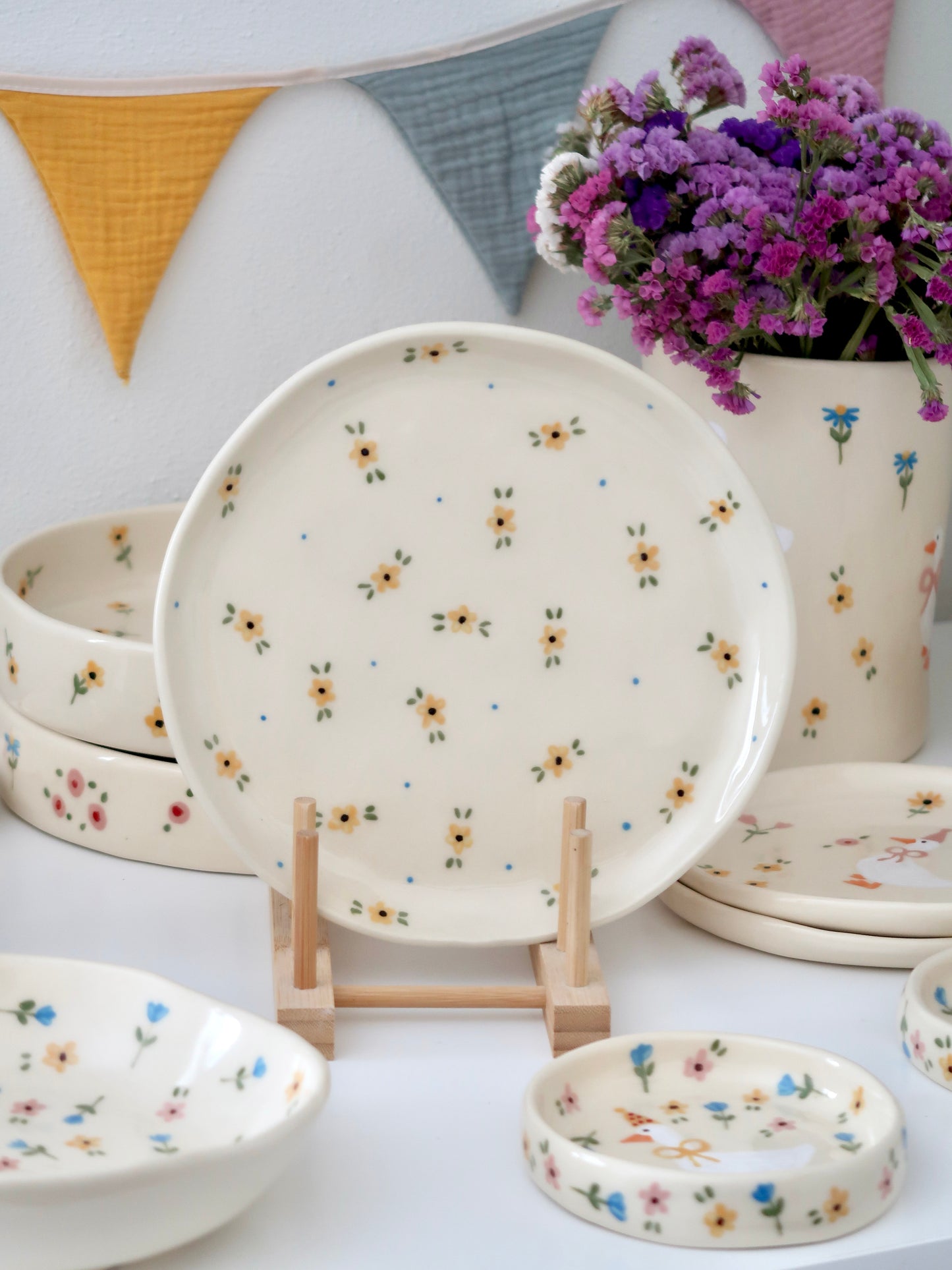 Plate with yellow flowers and blue dots