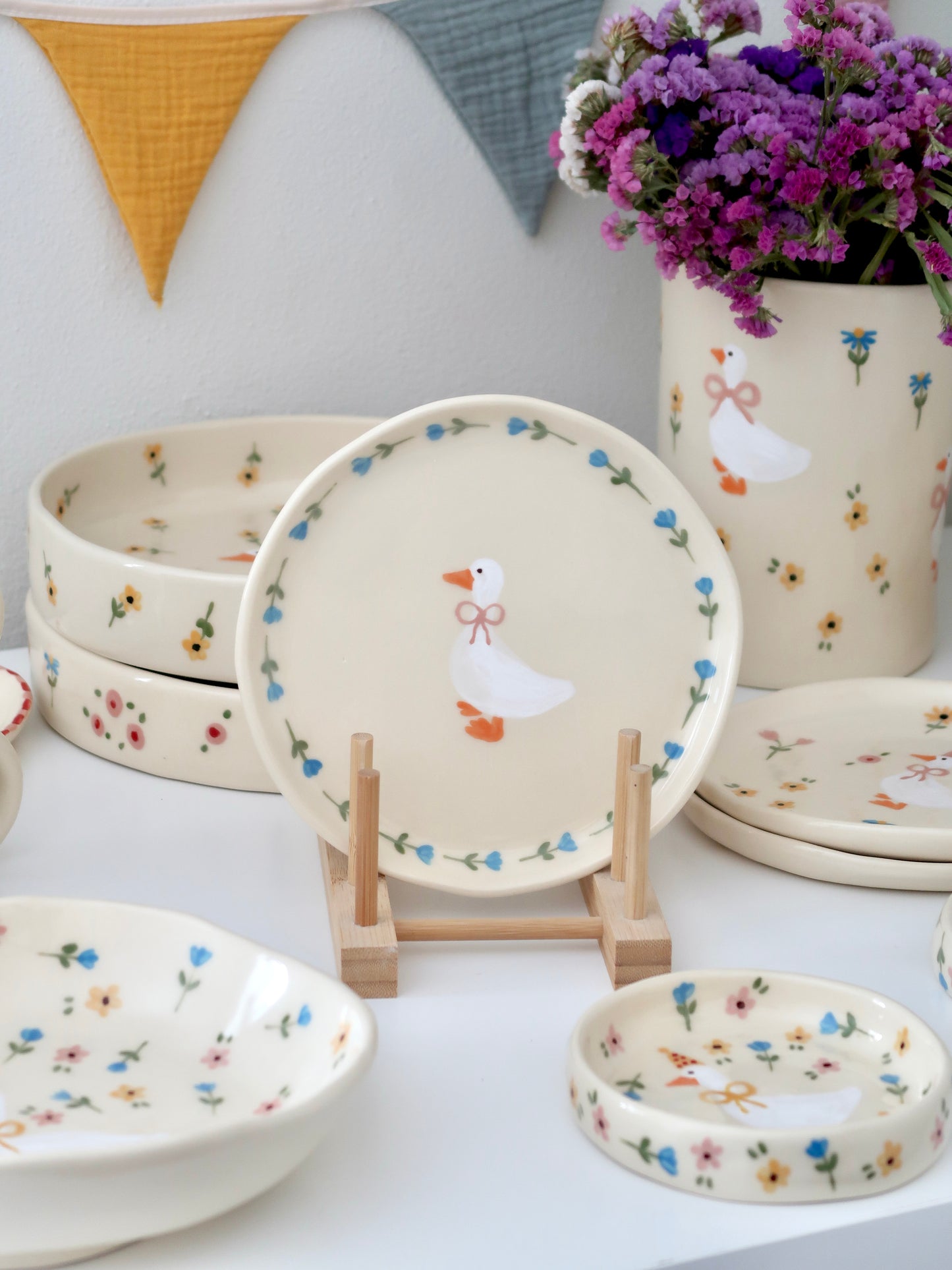 Breakfast/dessert plate with a duck and blue flowers