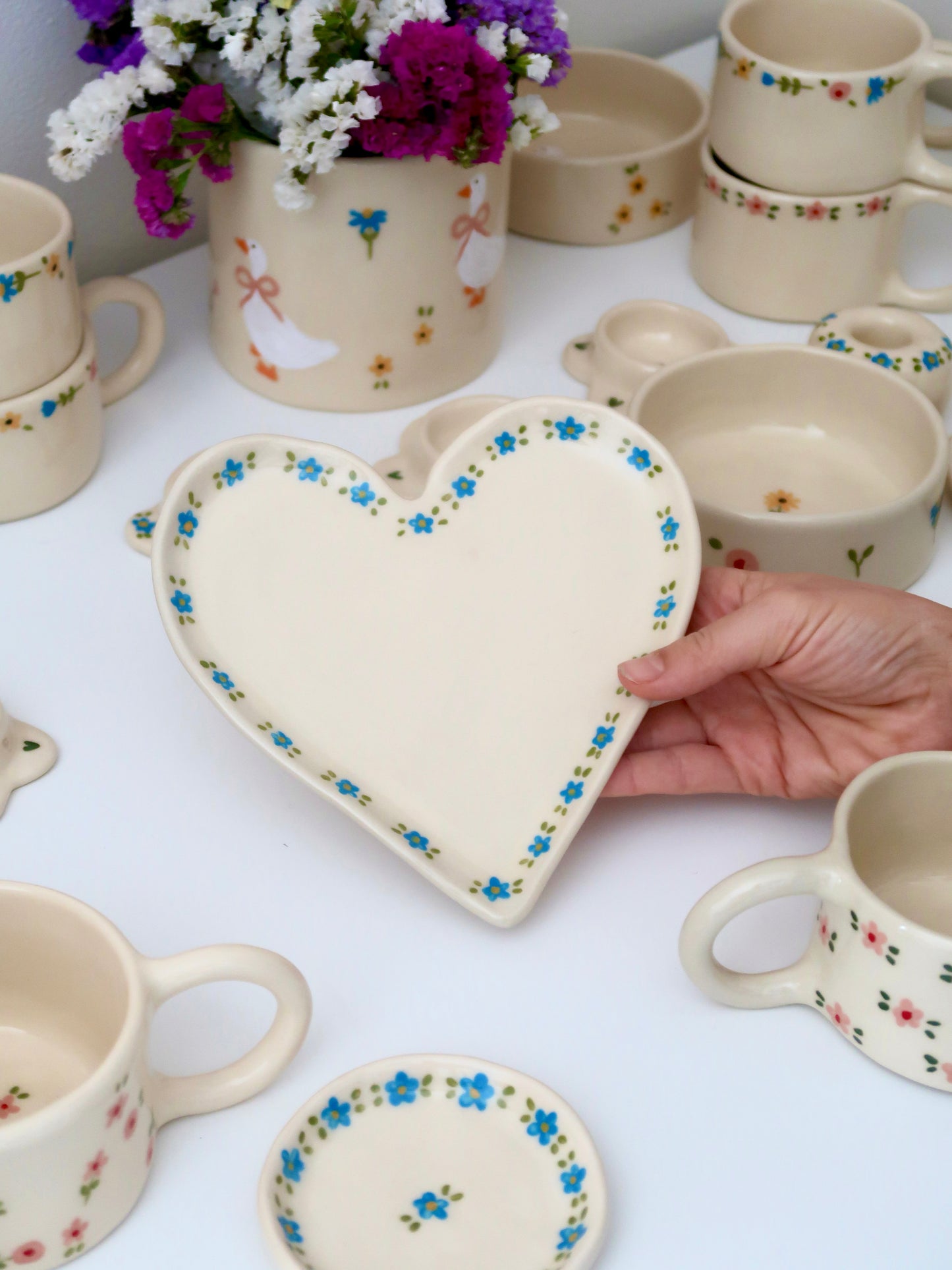 Heart shaped plate with blue flowers