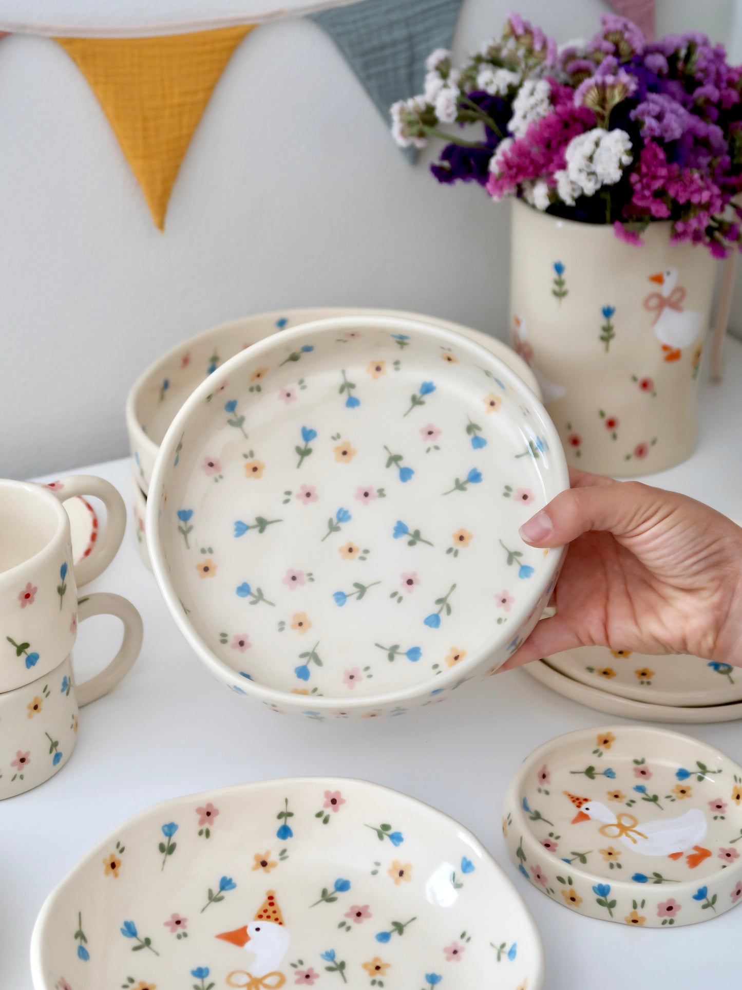 Bowl with yellow, blue and pink flowers - medium size