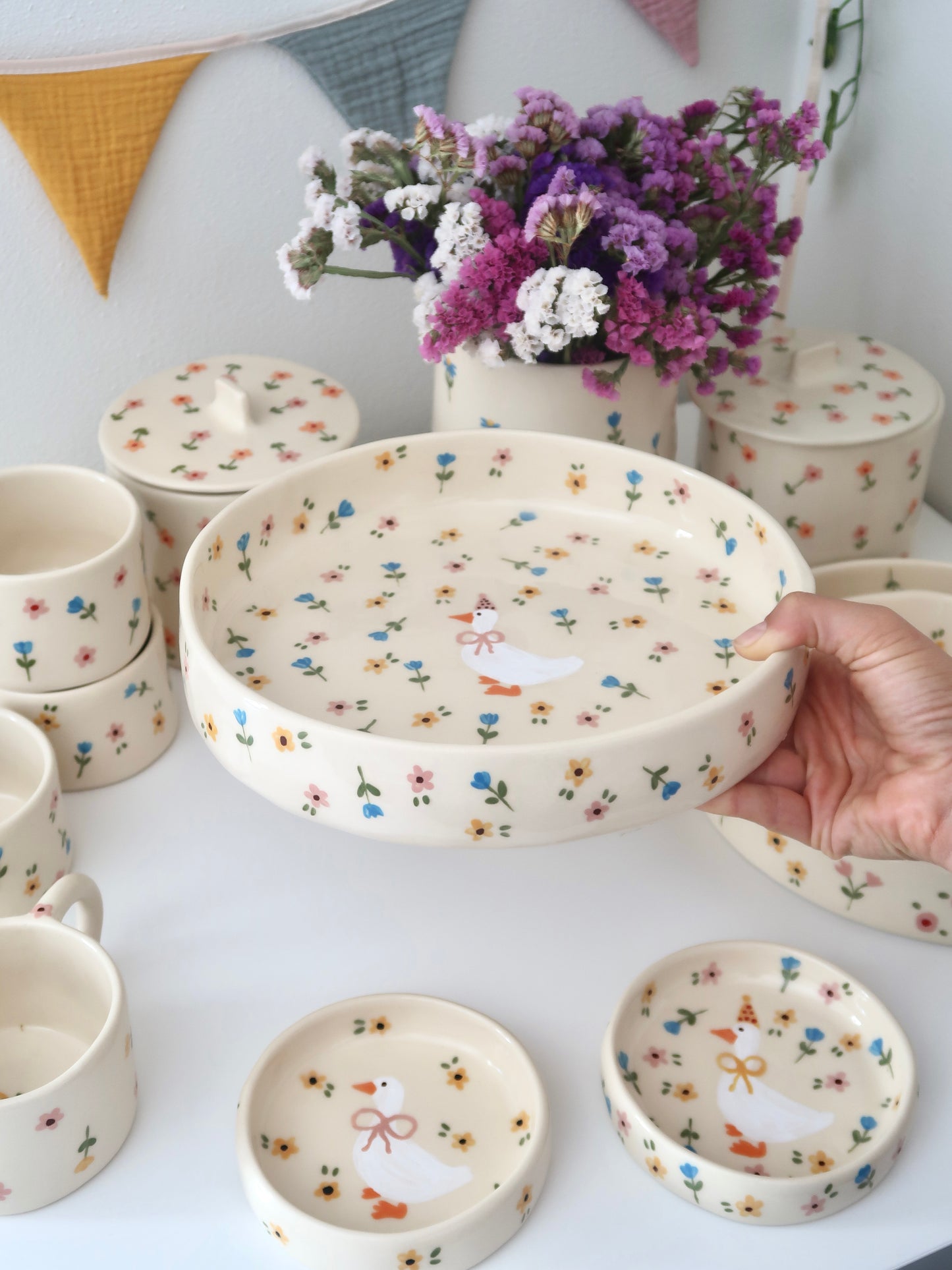 Bowl with a duck and multicolor flowers - big size