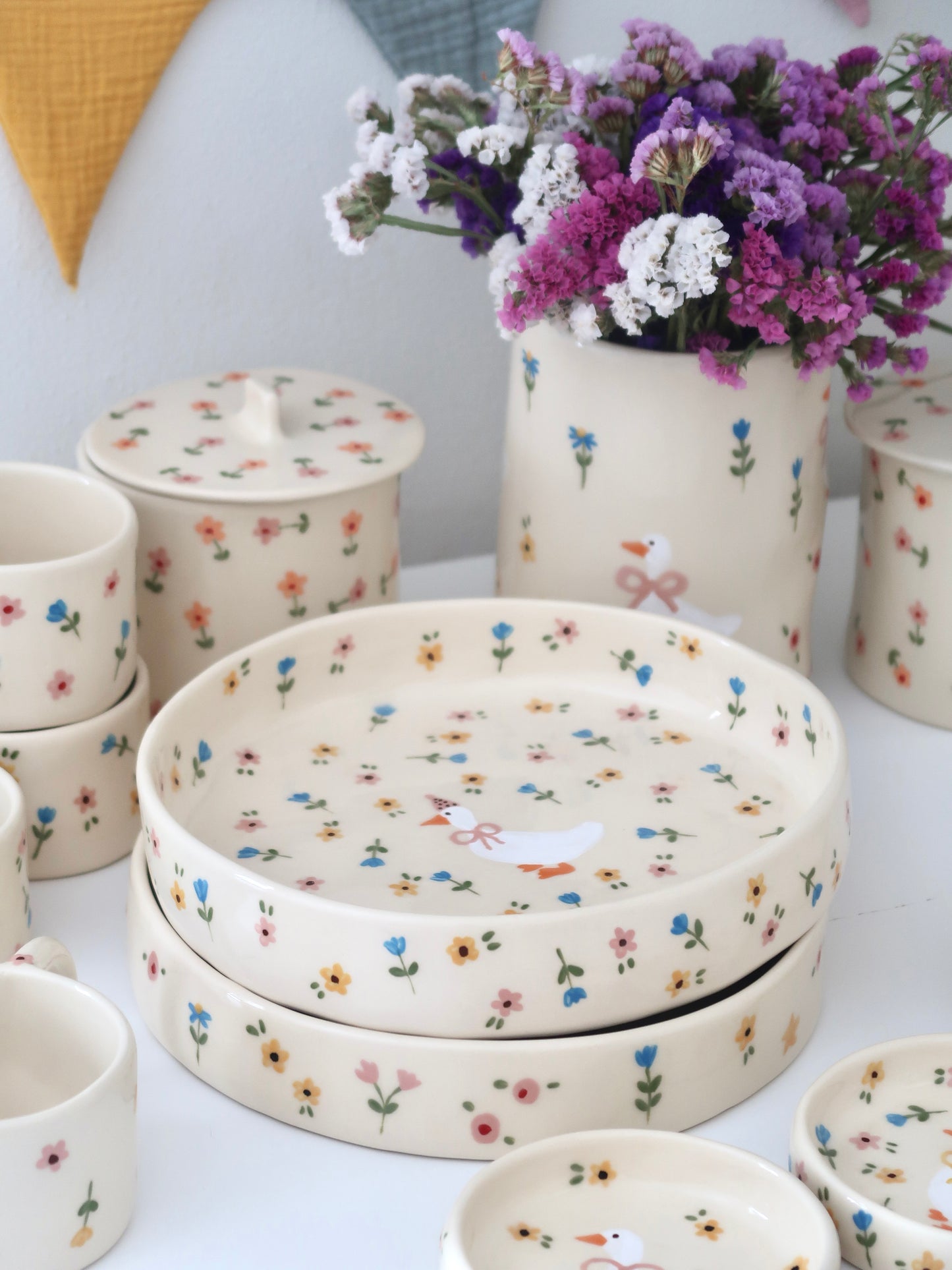 Bowl with a duck and multicolor flowers - big size