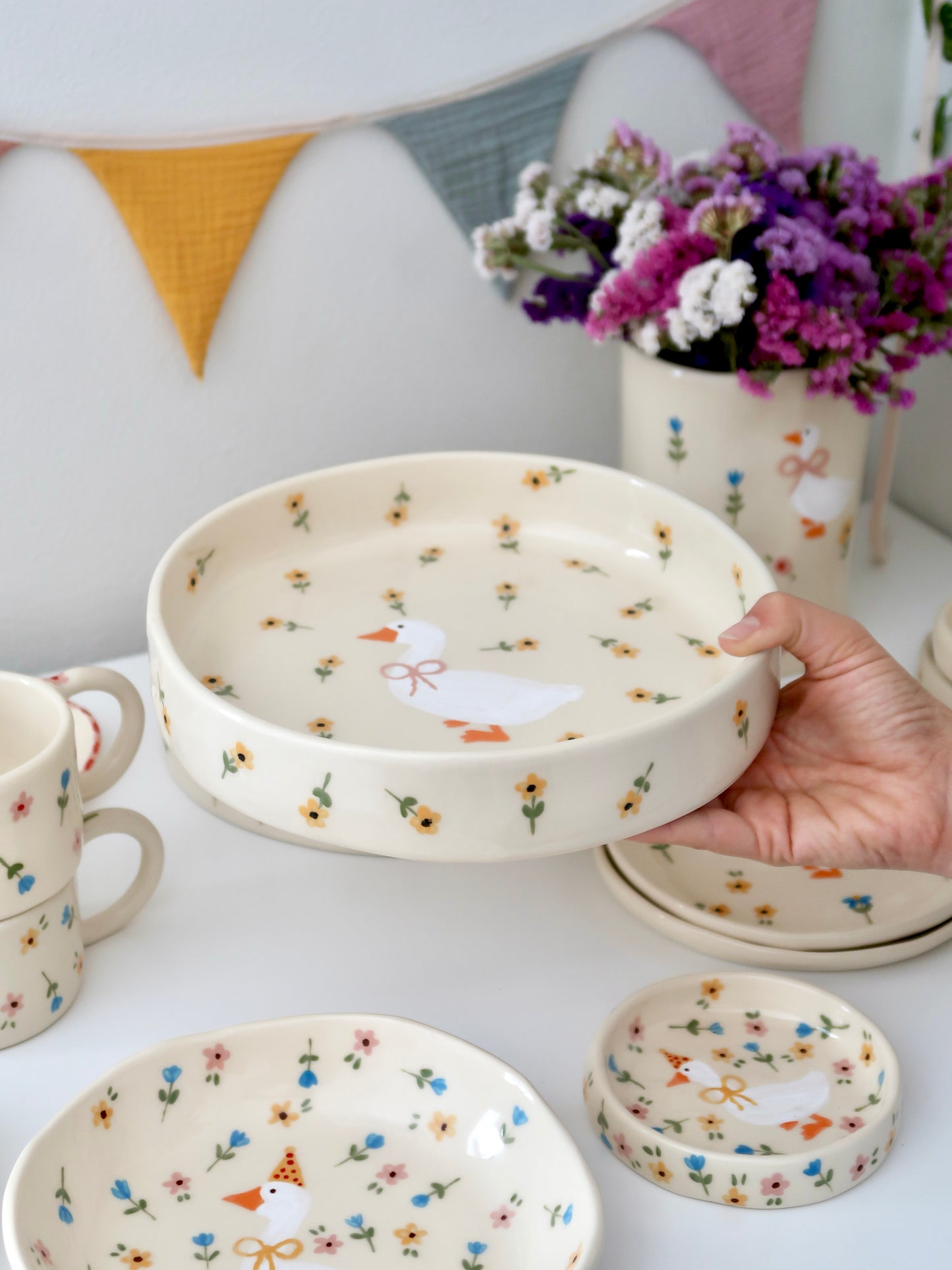 Bowl with a duck and yellow flowers - big size