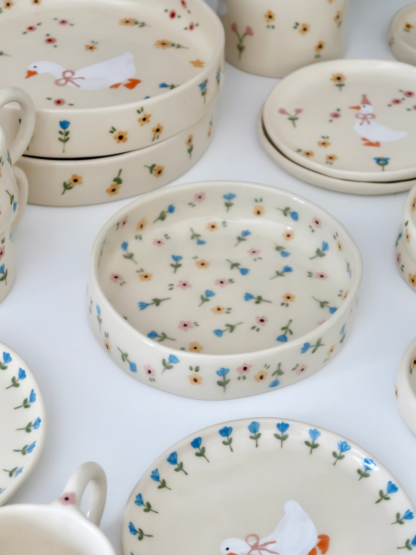 Bowl with yellow, blue and pink flowers - medium size