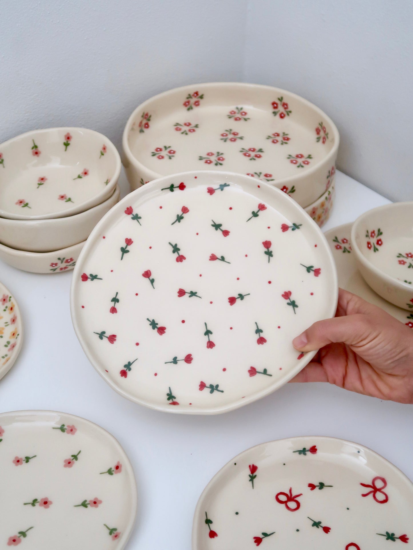 Plate with red flowers and red dots