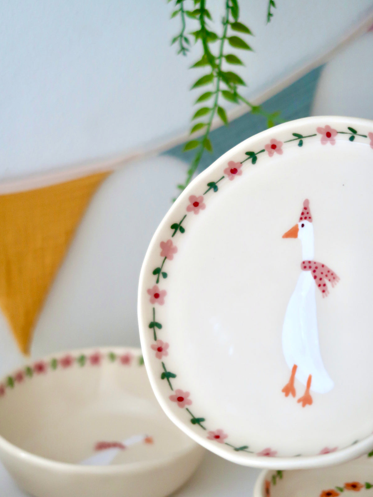 Breakfast/Dessert plate with a duck and pink flowers