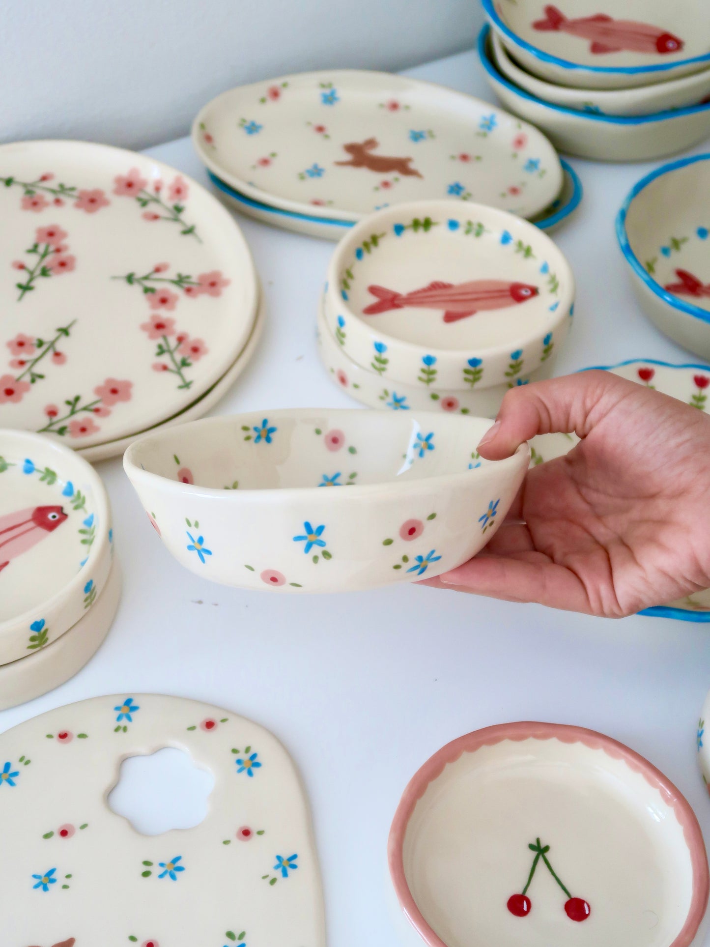 Bowl with pink and blue flowers