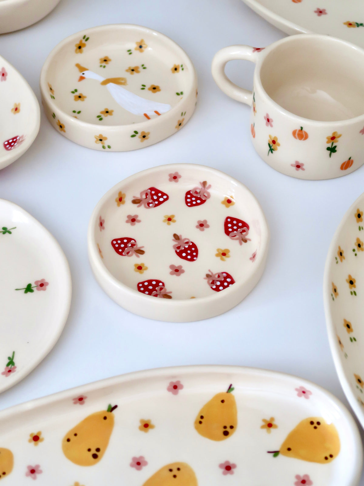 Ring dish with mushrooms pink and yellow flowers