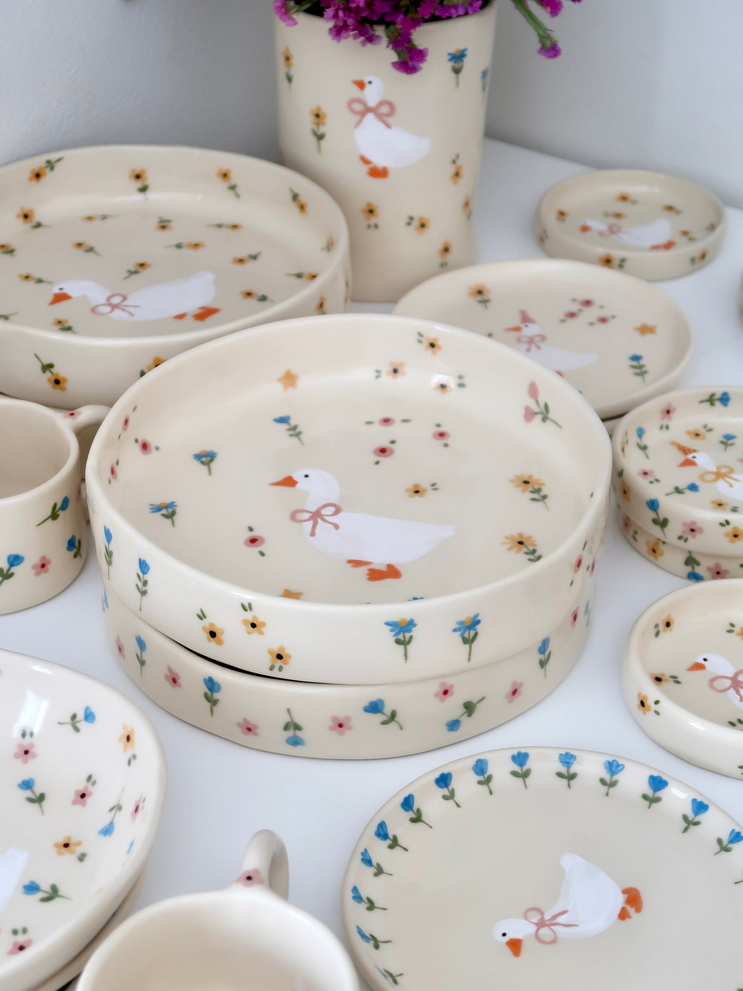 Bowl with a duck and multicolor flowers - big size