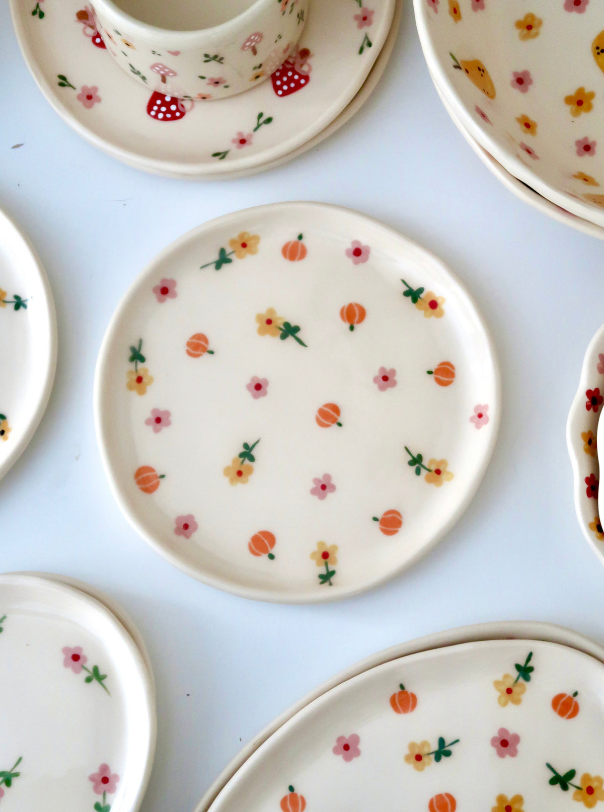 Breakfast/Dessert plate with pumpkins, yellow and pink flowers