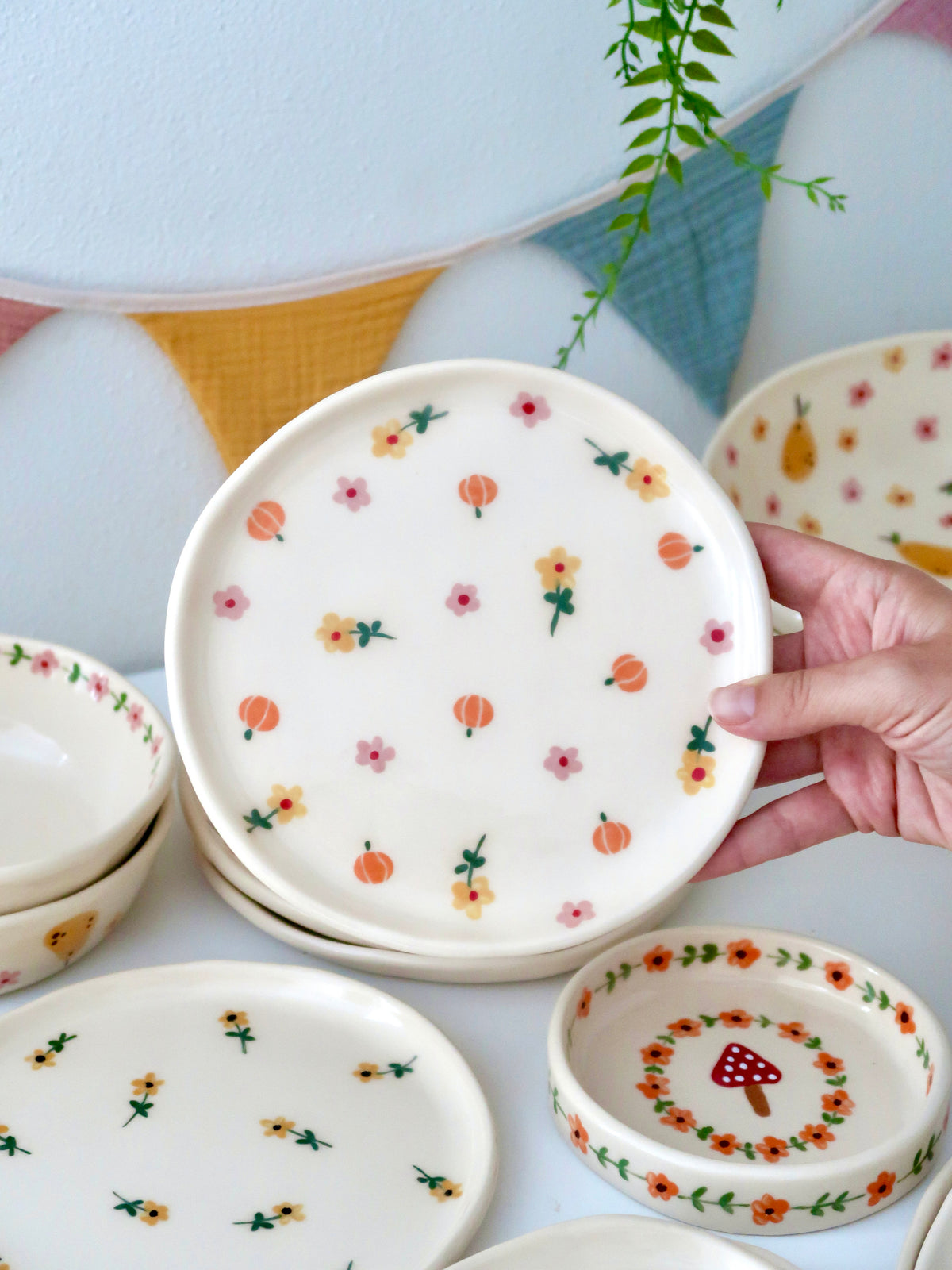 Breakfast/Dessert plate with pumpkins, yellow and pink flowers