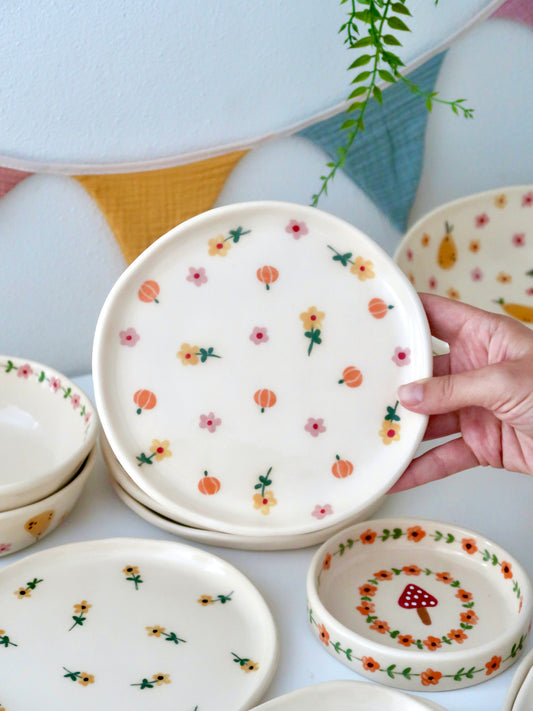 Breakfast/Dessert plate with pumpkins, yellow and pink flowers