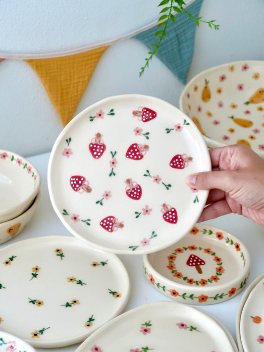 Breakfast/Dessert plate with mushrooms and pink flowers