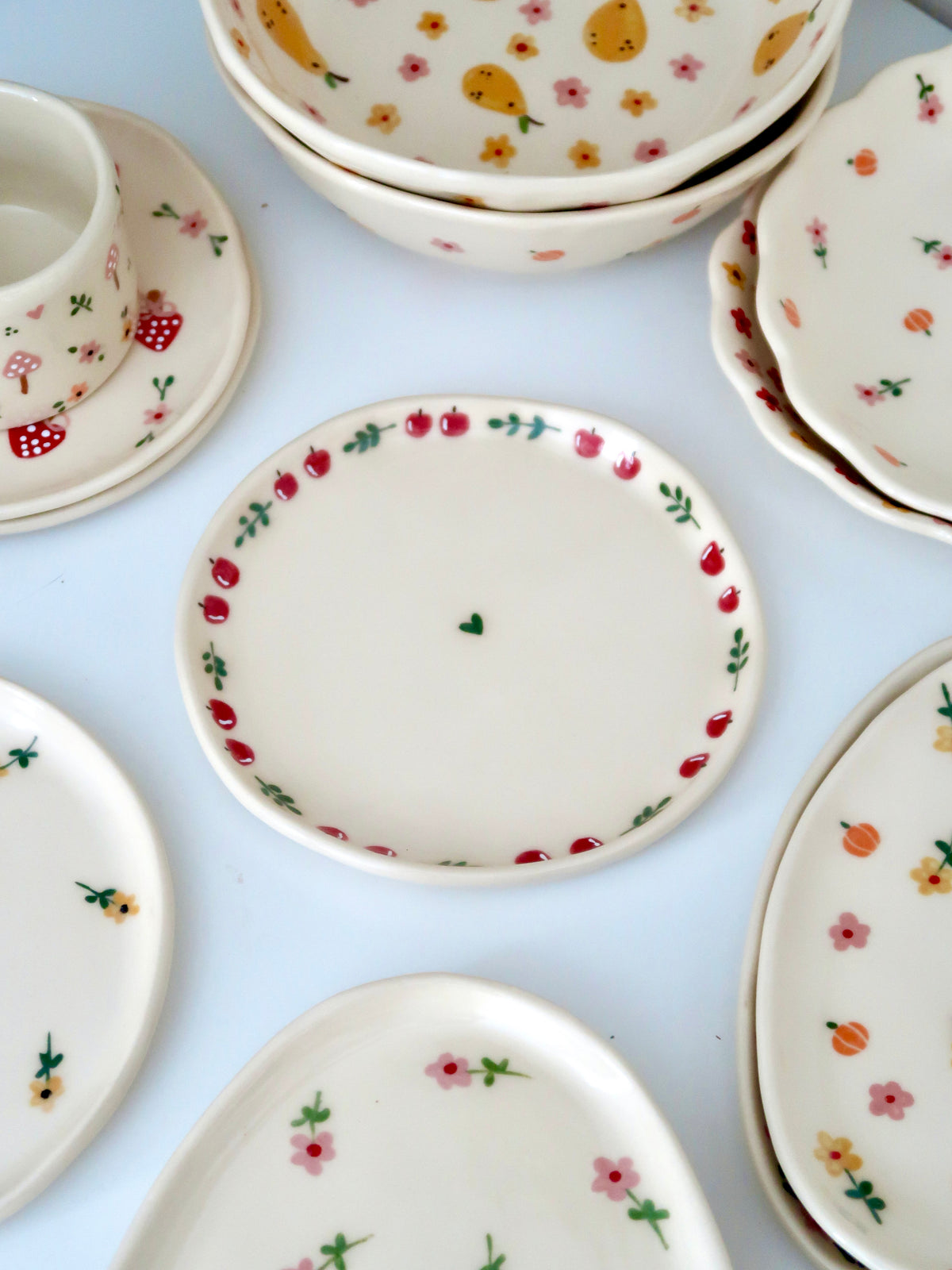 Breakfast/Dessert plate with an apple and green flowers