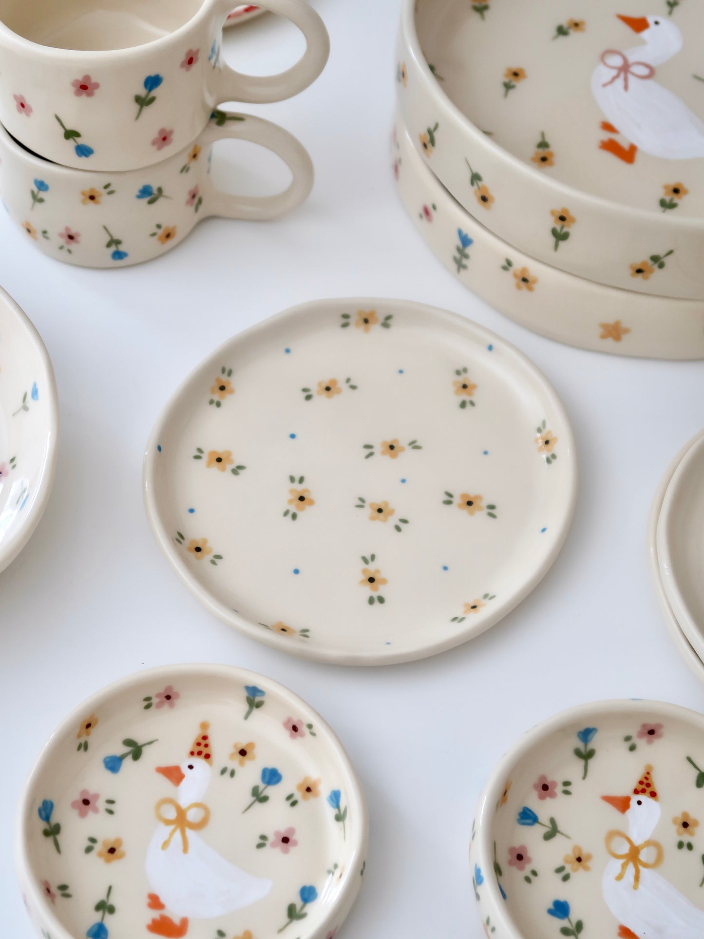 Breakfast/dessert plate with yellow flowers and blue dots