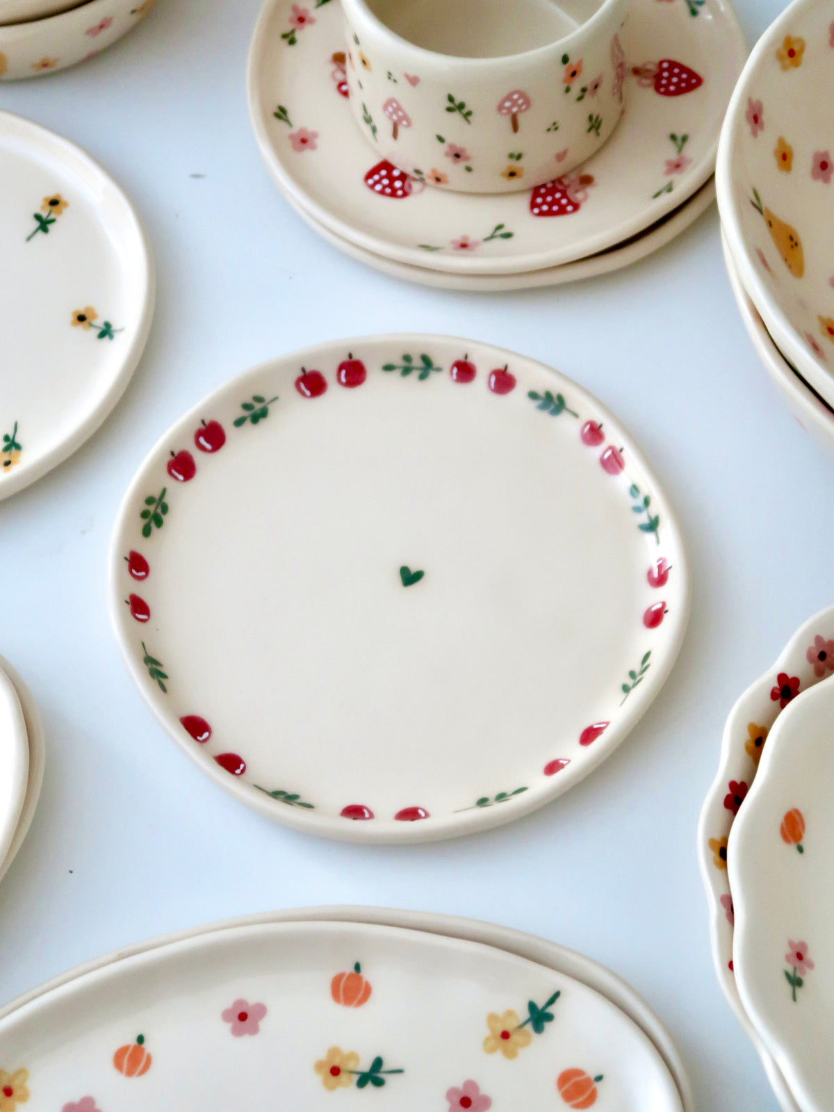 Breakfast/Dessert plate with an apple and green flowers