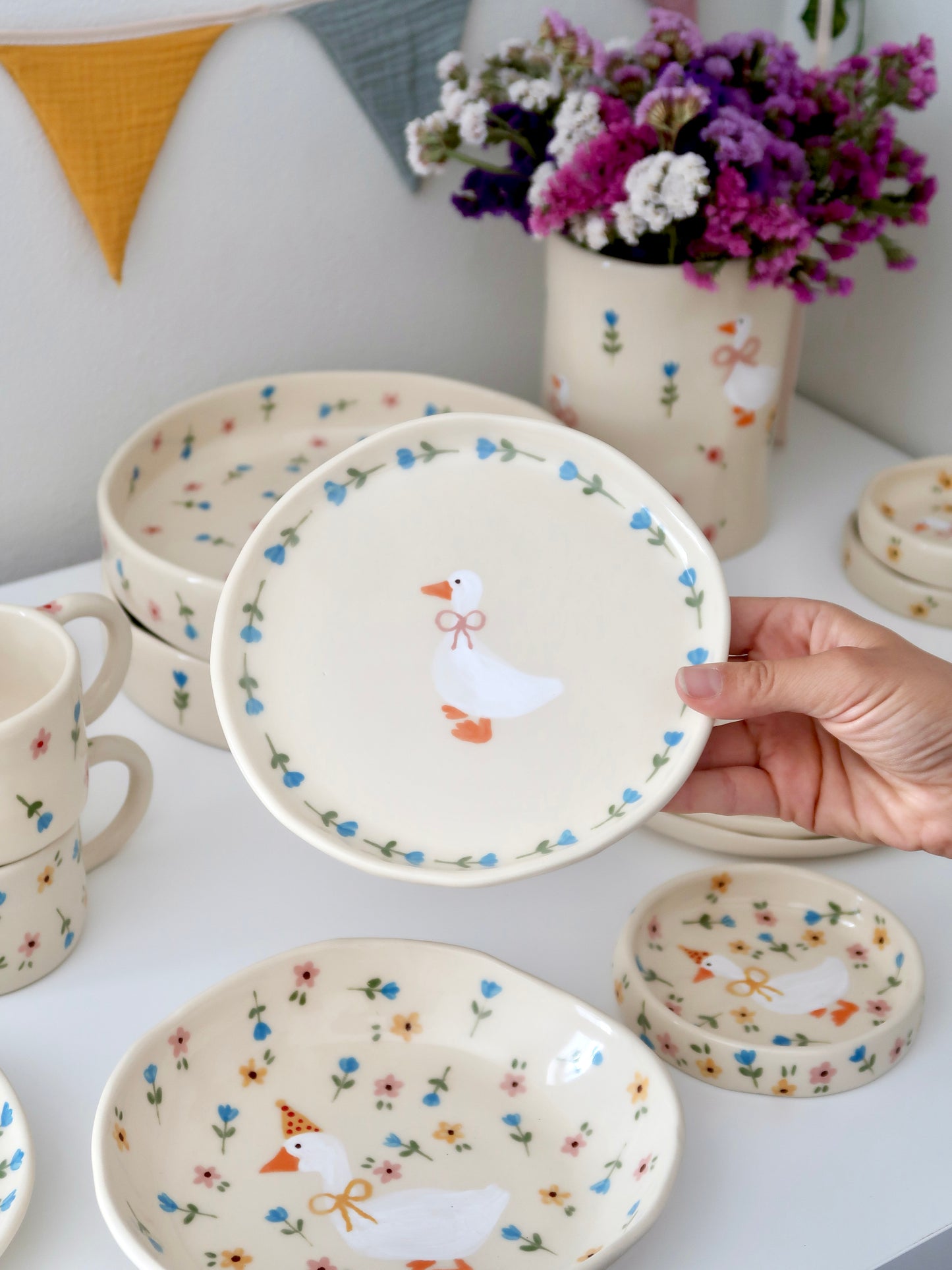 Breakfast/dessert plate with a duck and blue flowers