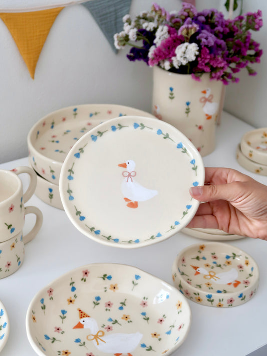 Pre-Order: Breakfast/dessert plate with a duck and blue flowers