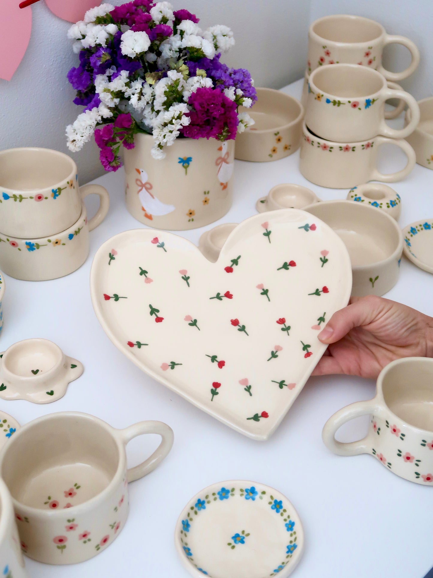 Large heart shaped plate with pink and red flowers