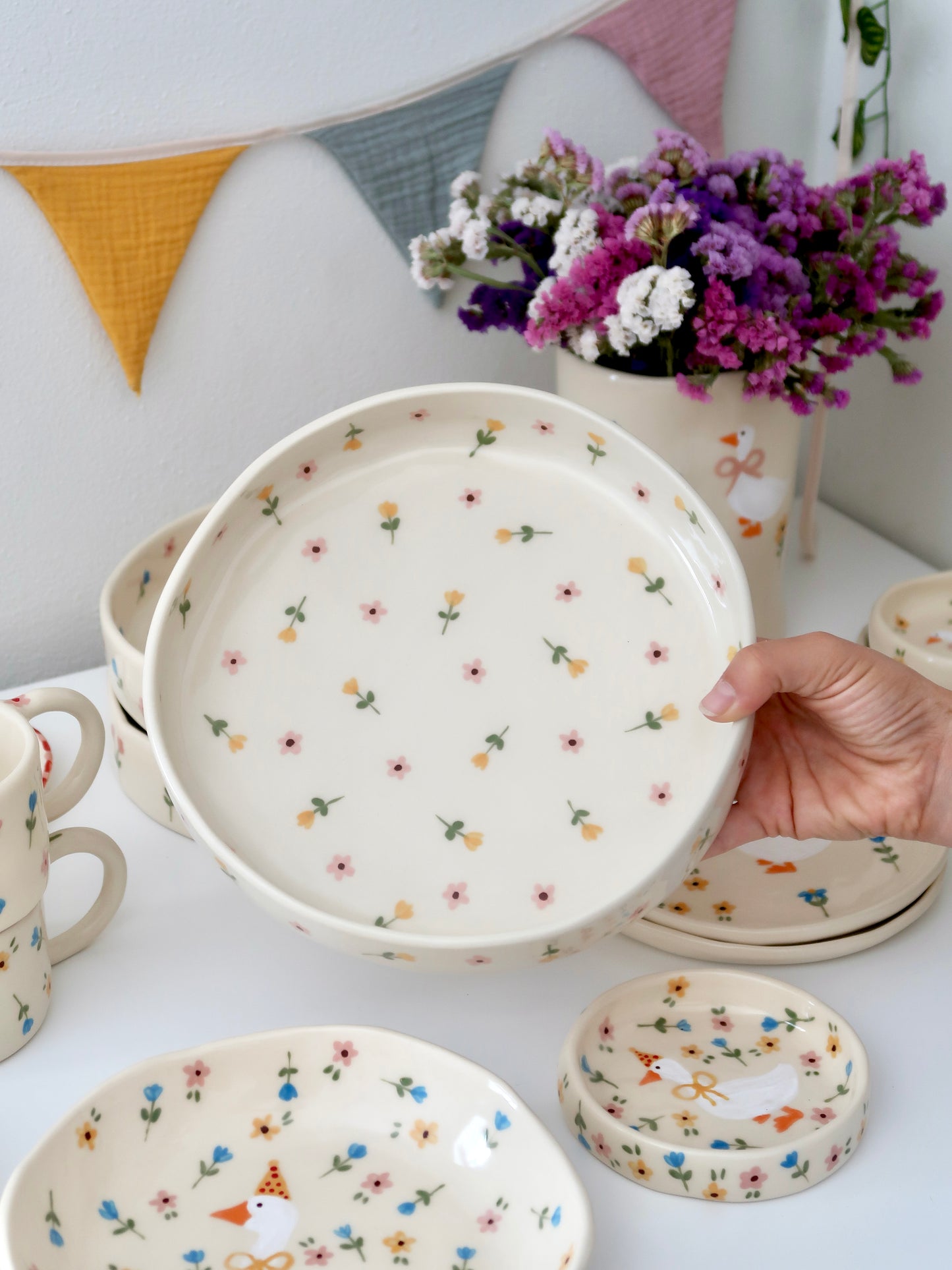 Bowl with pink and yellow flowers - big size